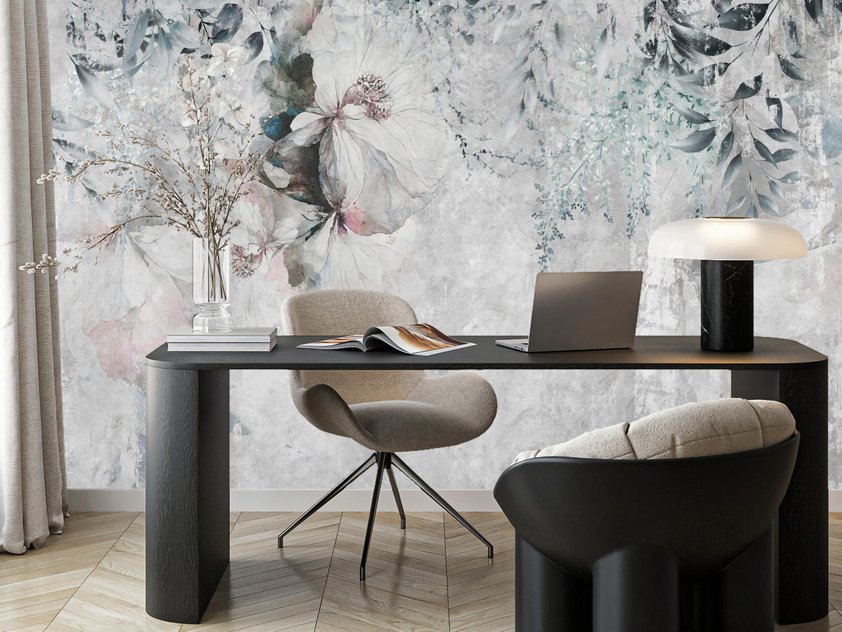 FOTOTAPETE für Schlafzimmer Zarte Blätter Beton Blumen Natur 350x256 - Schwarz/Rosa, Papier (350/256cm) - Muralo