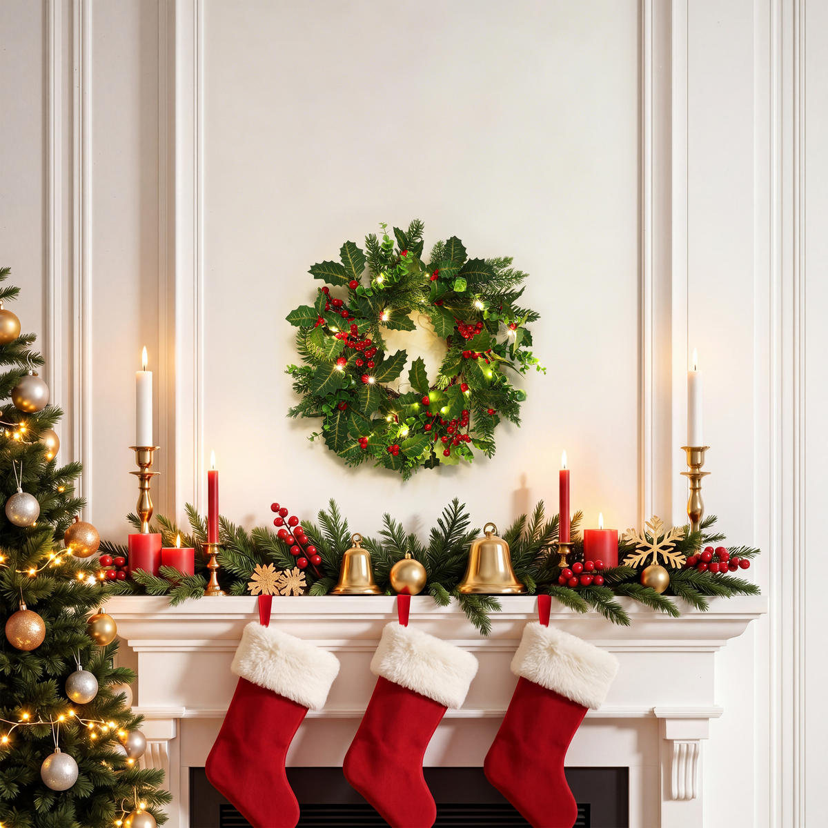 RUNDER LED-Weihnachtskranz Ø 40 cm mit roten Beeren, 30 LEDs, Timer - Dunkelgrün, Naturmaterialien (40cm) - Hometopia