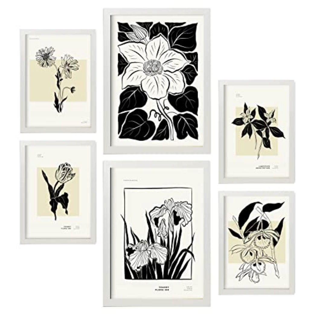 POSTER Set Mit 6 In Schwarzer Tinte Blumen Kunstdrucke Im Skizzenstil Für Innenarchitektur A3 & A4 Weißer Rahmen - Weiß, Papier (29/3cm) - Nacnic