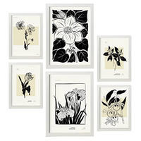 POSTER Set Mit 6 In Schwarzer Tinte Blumen Kunstdrucke Im Skizzenstil Für Innenarchitektur A3 & A4 Weißer Rahmen - Weiß, Papier (29/3cm) - Nacnic
