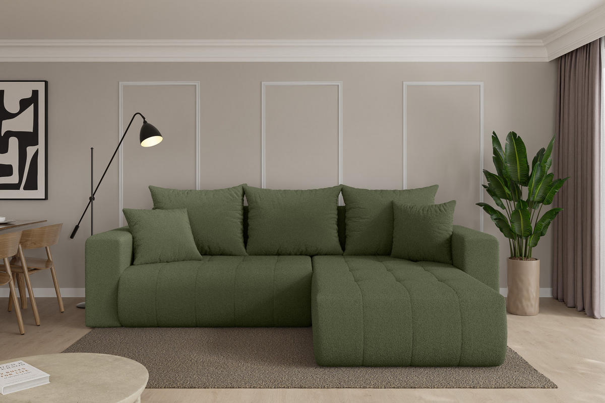 ROHOVÁ SEDAČKA s funkcí spaní, otoman vpravo MILA-L 277x194x86 zelená bouclé - černá/zelená barva, kompozitní dřevo/textil (277/194cm) - ALTDECOR