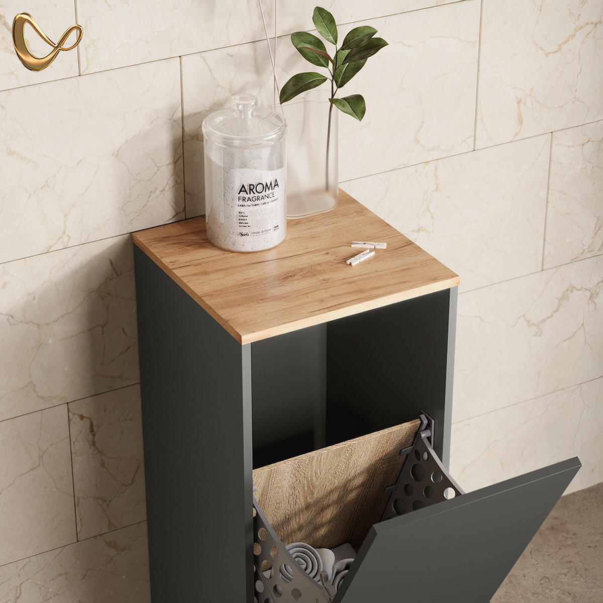BADSCHRANK Paolina Anthrazit/Goldkraft Eiche 40.2 x 88.2 cm mit Wäschkorb - Anthrazit/Eiche Wotan, Holzwerkstoff (40.2/88.2/40.5cm) - Livinity®