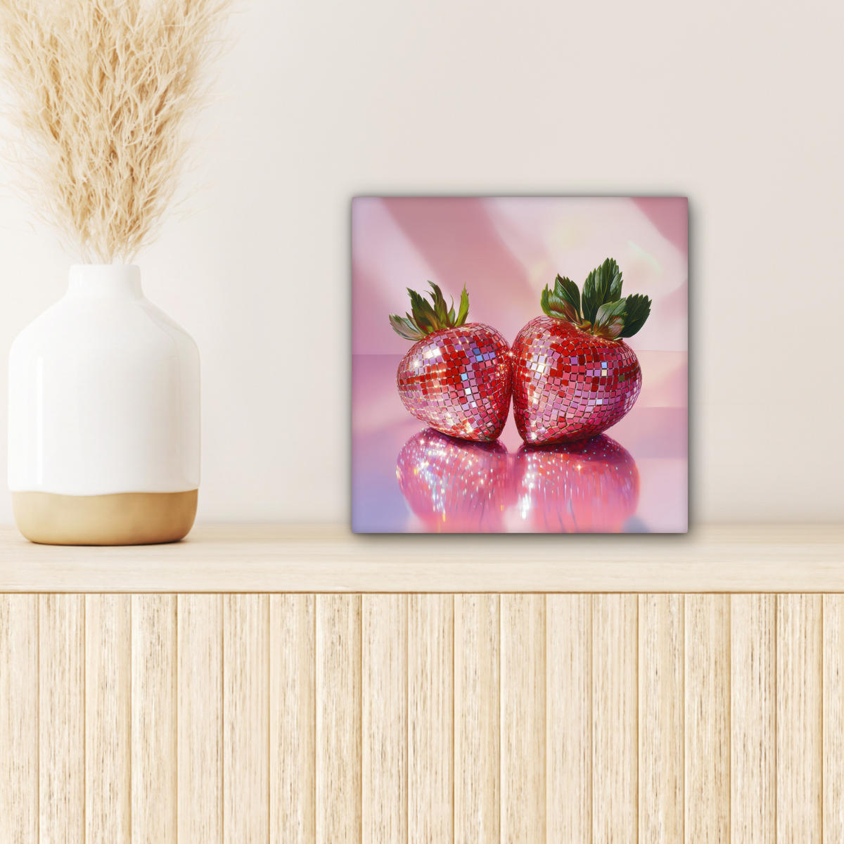 LEINWANDBILD Disco - Obst - Glitzer - Erdbeere 20x20 cm - Pink, Textil (20/20cm) - MuchoWow