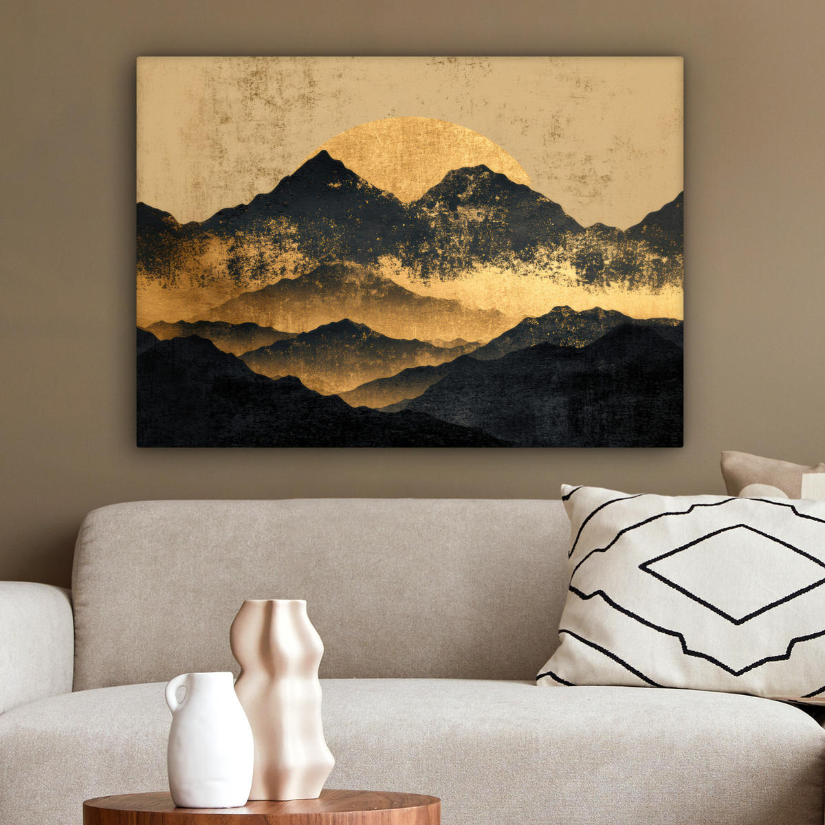 LEINWANDBILD Goldene Berge bei Mondschein Wandbilder 80x60 cm - Goldfarben, Textil (80/60cm) - MuchoWow