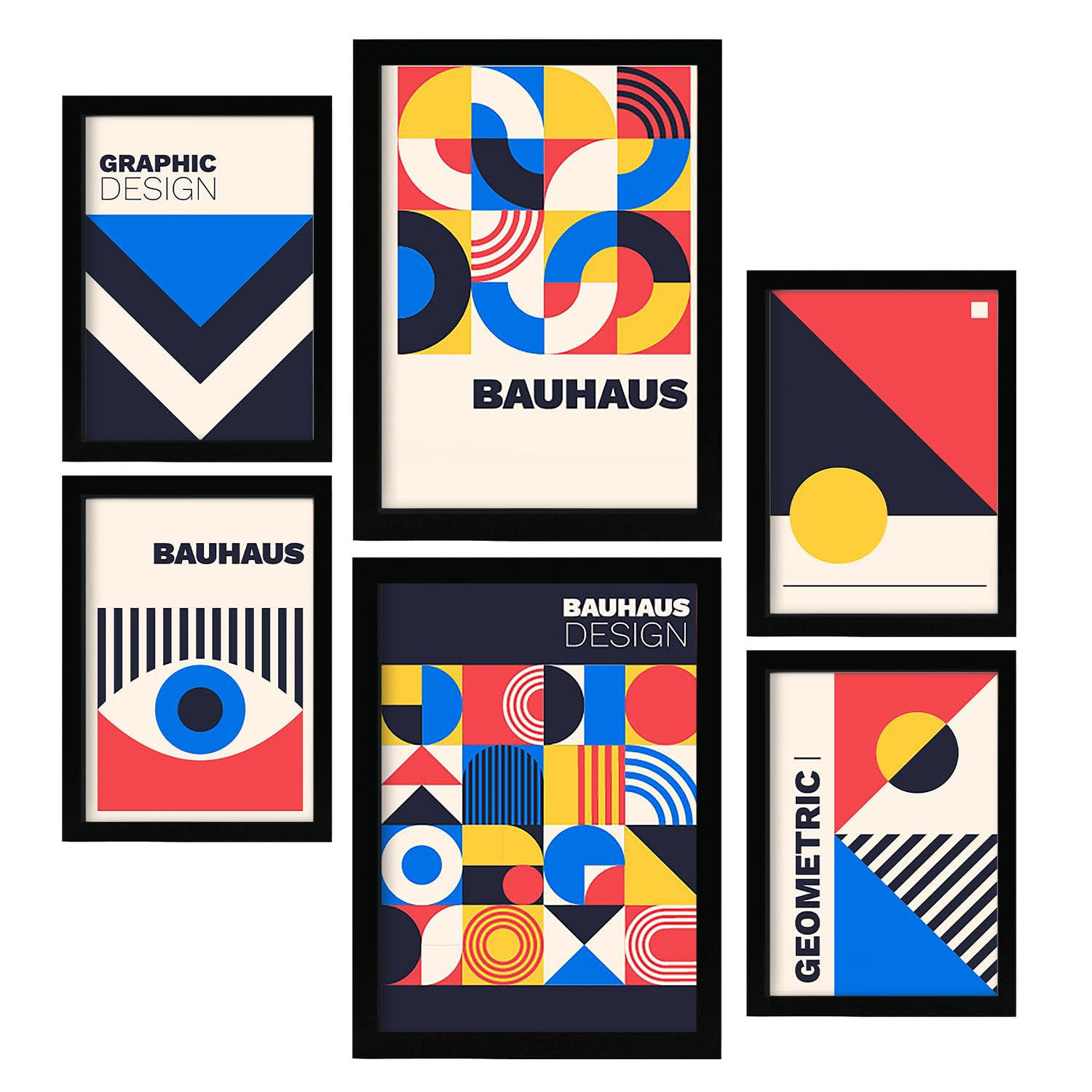 POSTER Set Mit 6 Drucken Im Bauhaus 4 Geometrische Designkollektion Drucke Mit Ästhetische Dekorative Rahmen Für Zuhause A3 & A4 Schwarzer Rahmen - Schwarz, Papier (29/3cm) - Nacnic