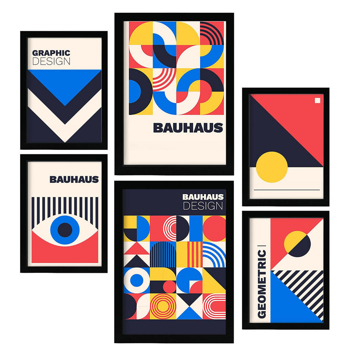 POSTER Set Mit 6 Drucken Im Bauhaus 4 Geometrische Designkollektion Drucke Mit Ästhetische Dekorative Rahmen Für Zuhause A3 & A4 Schwarzer Rahmen - Schwarz, Papier (29/3cm) - Nacnic
