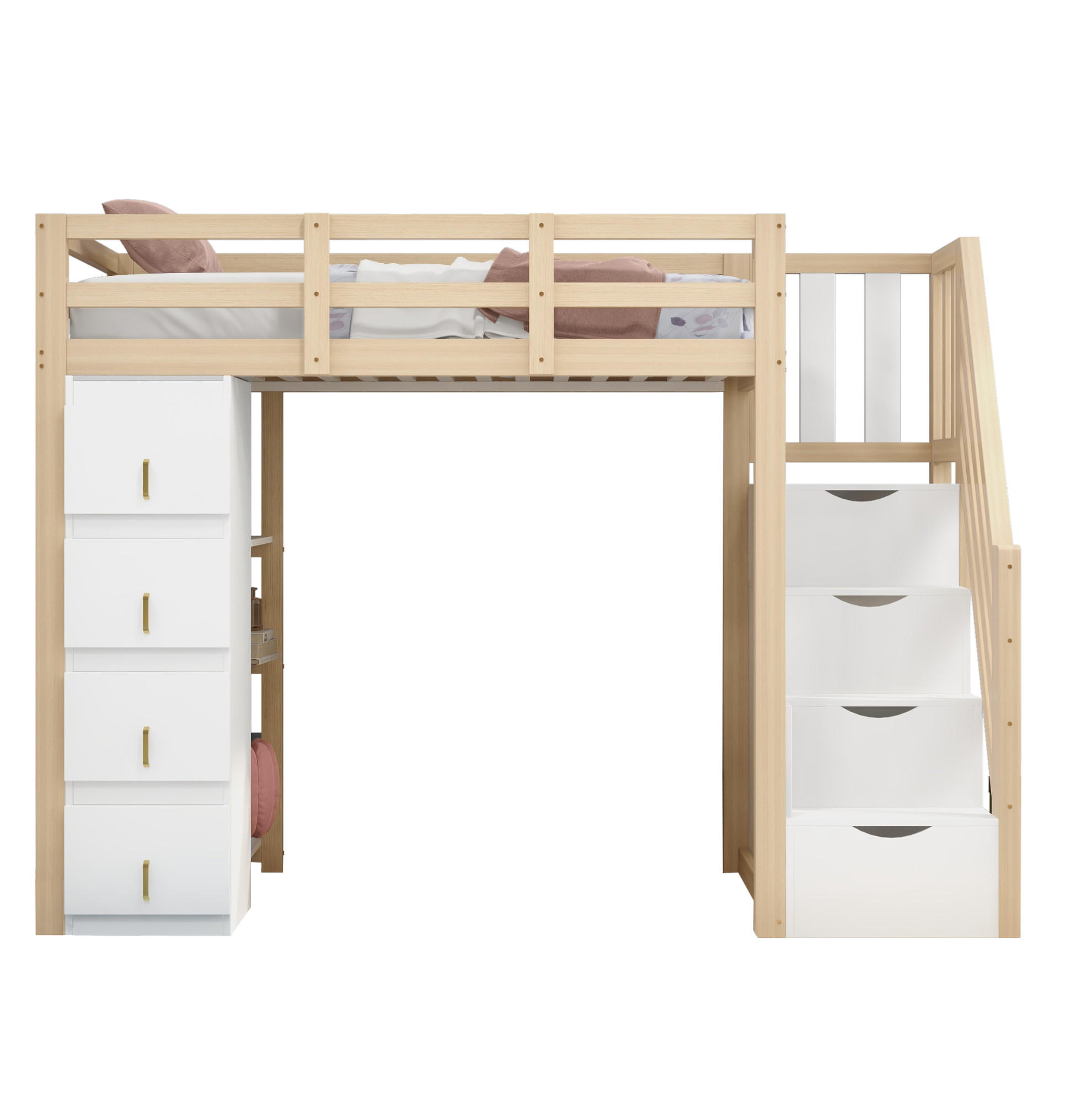 HOCHBETT 90/200 cm mit 4 Schubladen, 3-stufigem Regal und Sicherheitsleiter aus Holzwerkstoff, Natur Holzwerkstoff - Weiß, Holzwerkstoff (90/200cm) - Redom