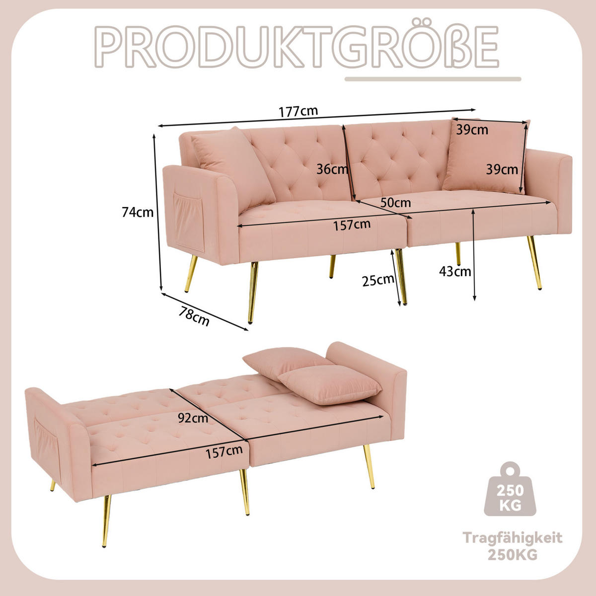 SOFA mit verstellbarer Rückenlehne 2-Sitzer Samt Pink - Pink, Holzwerkstoff (177/74/78cm) - Meubliv
