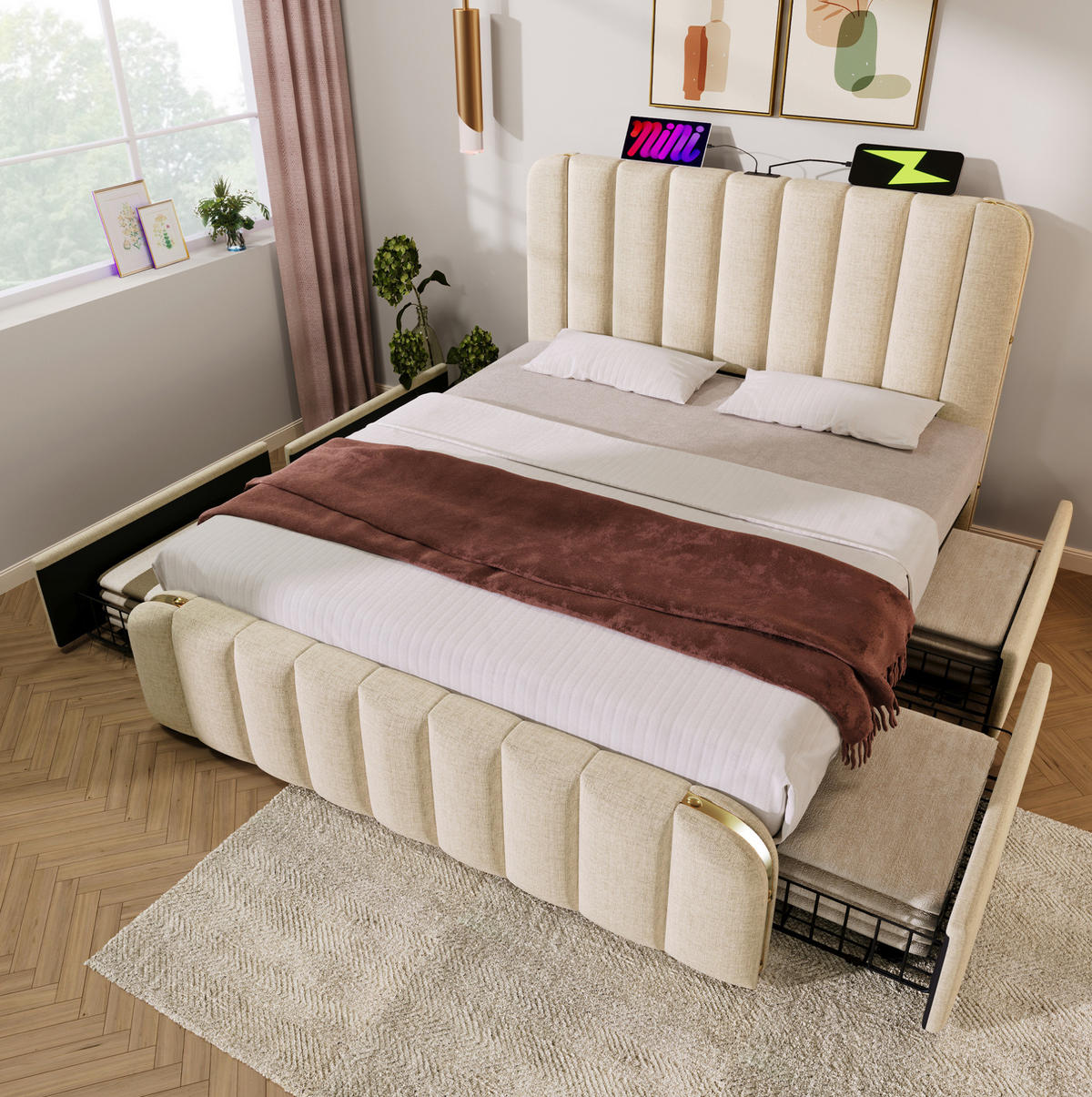 POLSTERBETT mit USB/Typ-C und 4 Schubladen 160x200 cm Leinen Beige inkl. Matratze - Beige, Metall (160/200cm) - Meubliv