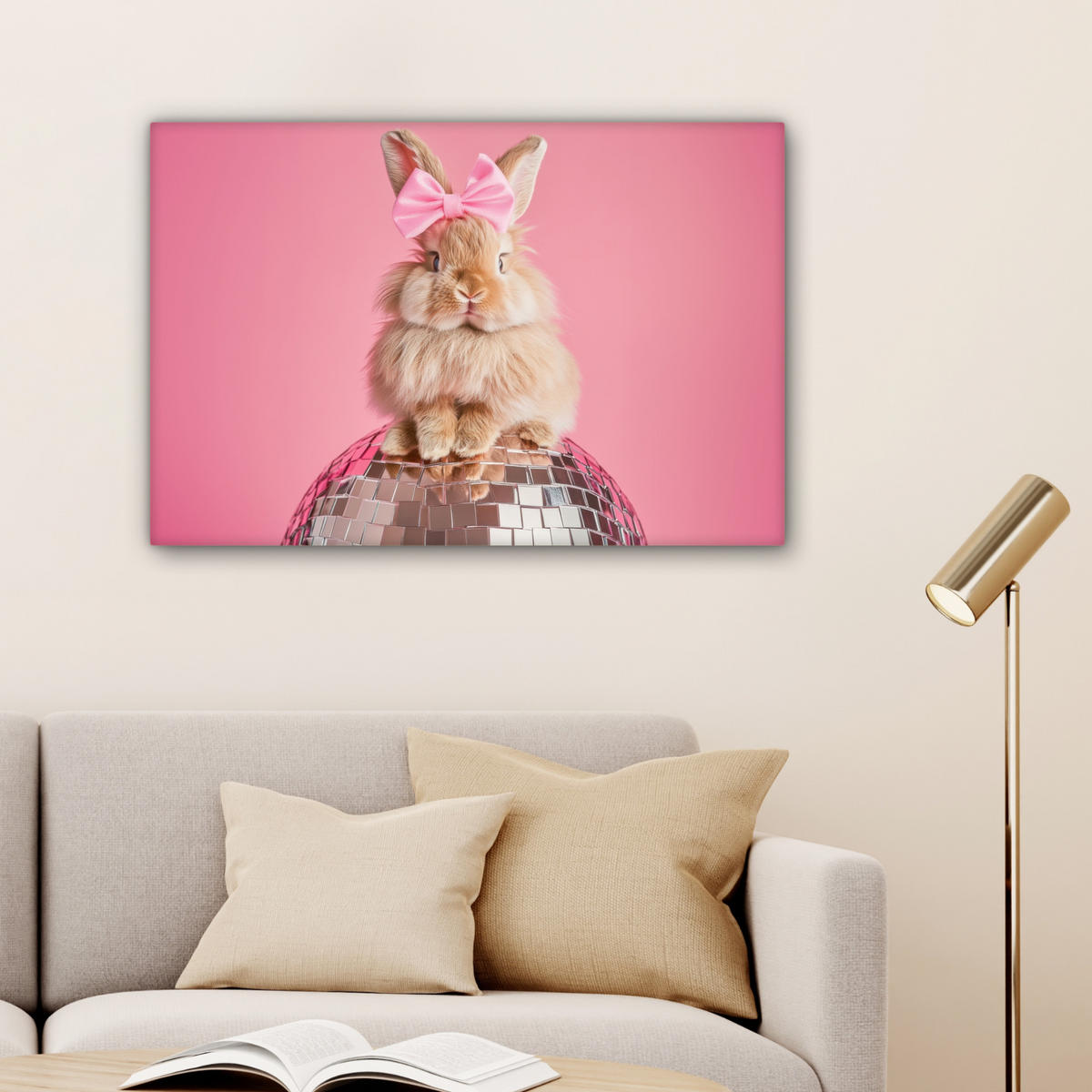 LEINWANDBILD Schleife - Discoball - Kaninchen Gemälde 60x40 cm - Pink, Textil (60/40cm) - MuchoWow