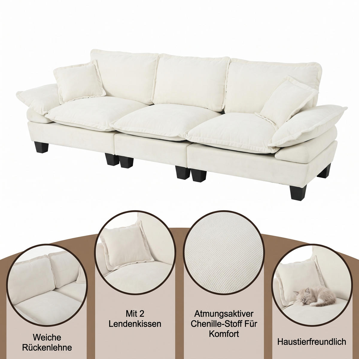 3-SITZER SOFA Segelboot-Design Chenille - Beige, Textil (263/90/82cm) - Urban Meuble