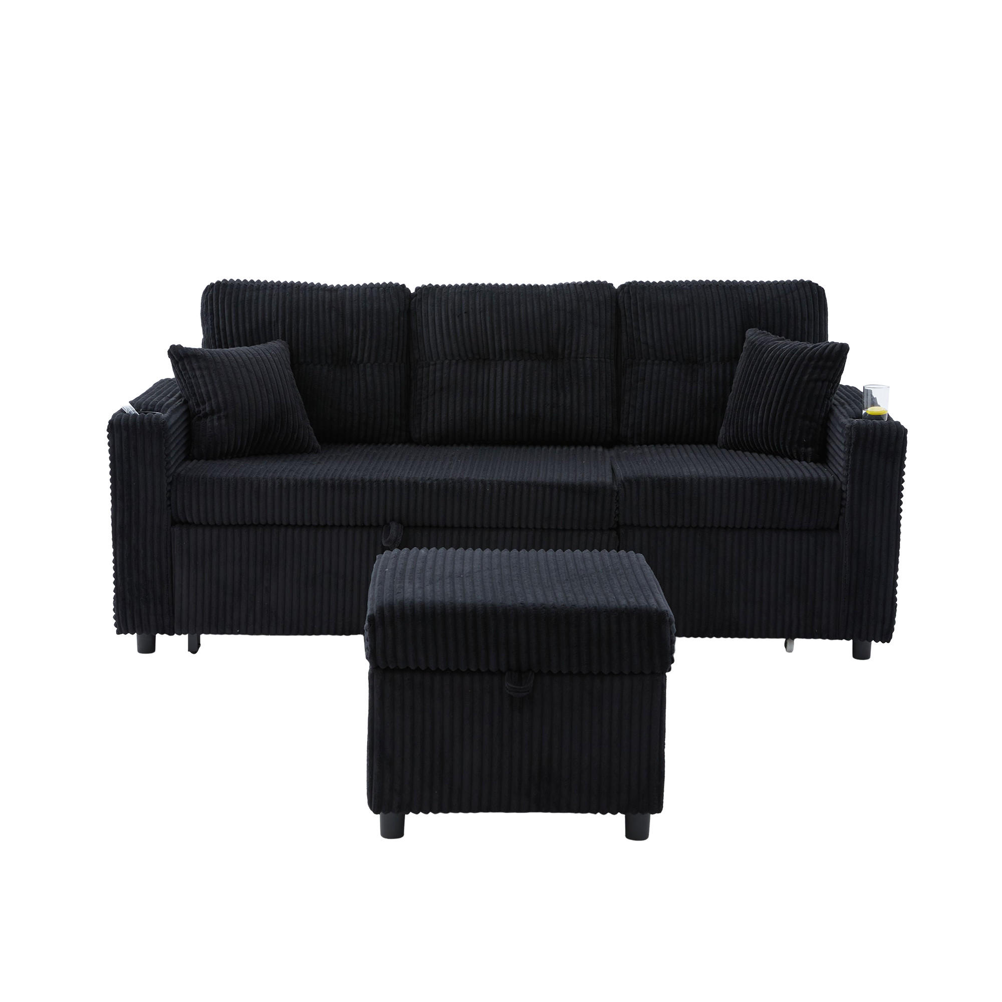 SOFA mit Schlaffunktion und Stauraum mit USB-C & LED-Beleuchtung Schwarz 196/82-144/85 cm - Schwarz, Textil (196/85/82cm) - OKWISH