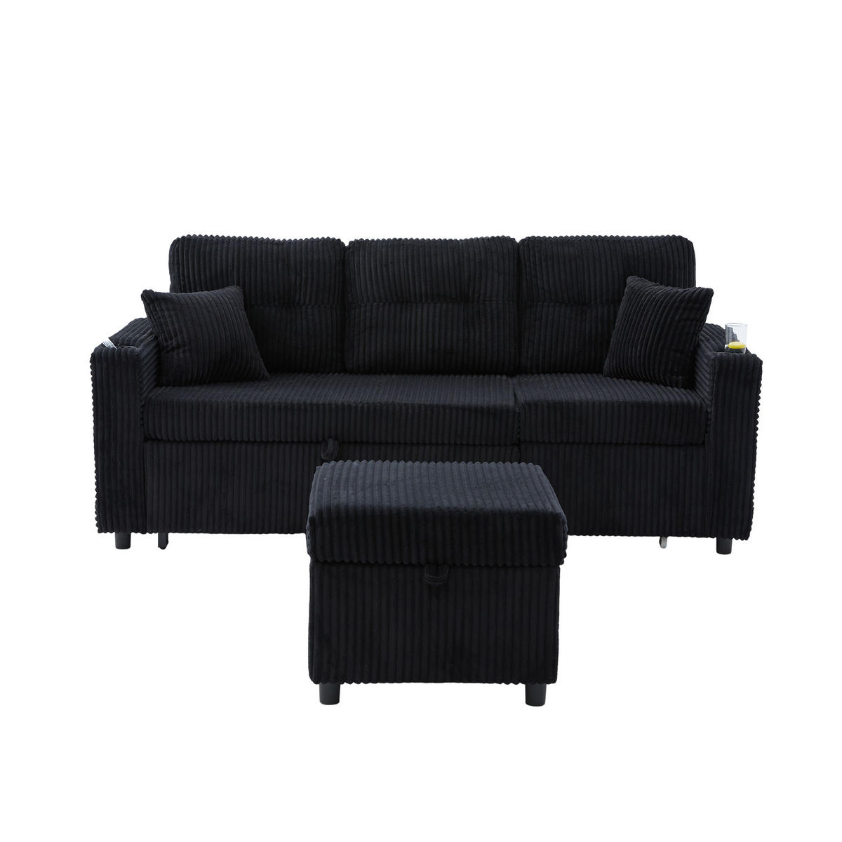 SOFA mit Schlaffunktion und Stauraum mit USB-C & LED-Beleuchtung Schwarz 196/82-144/85 cm - Schwarz, Textil (196/85/82cm) - OKWISH