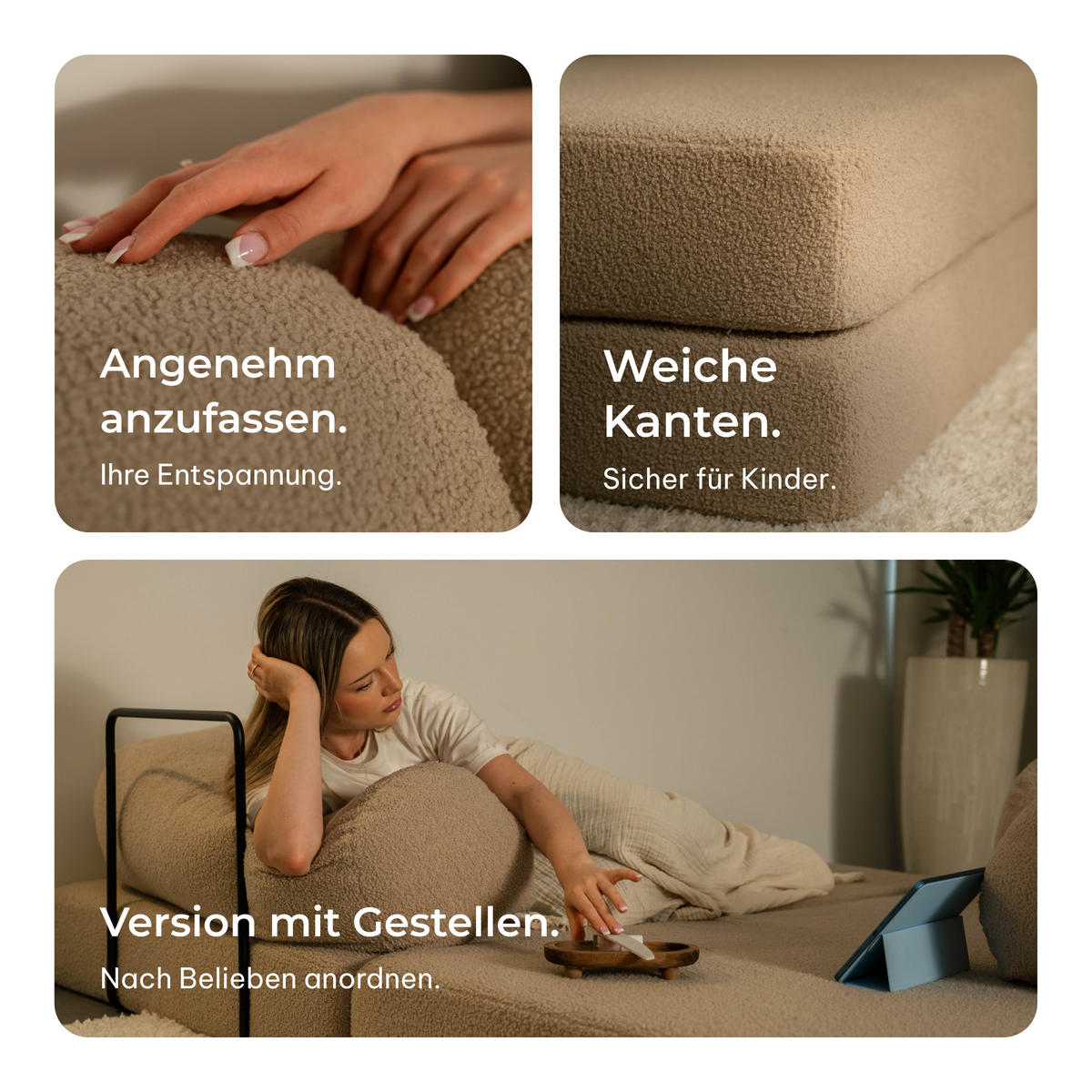 ECKSOFA KELI modulares Boneless Sofa mit Schlaffunktion Hellgrau Boucle-Stoff - Hellgrau, Textil (270/160cm) - MASSENO