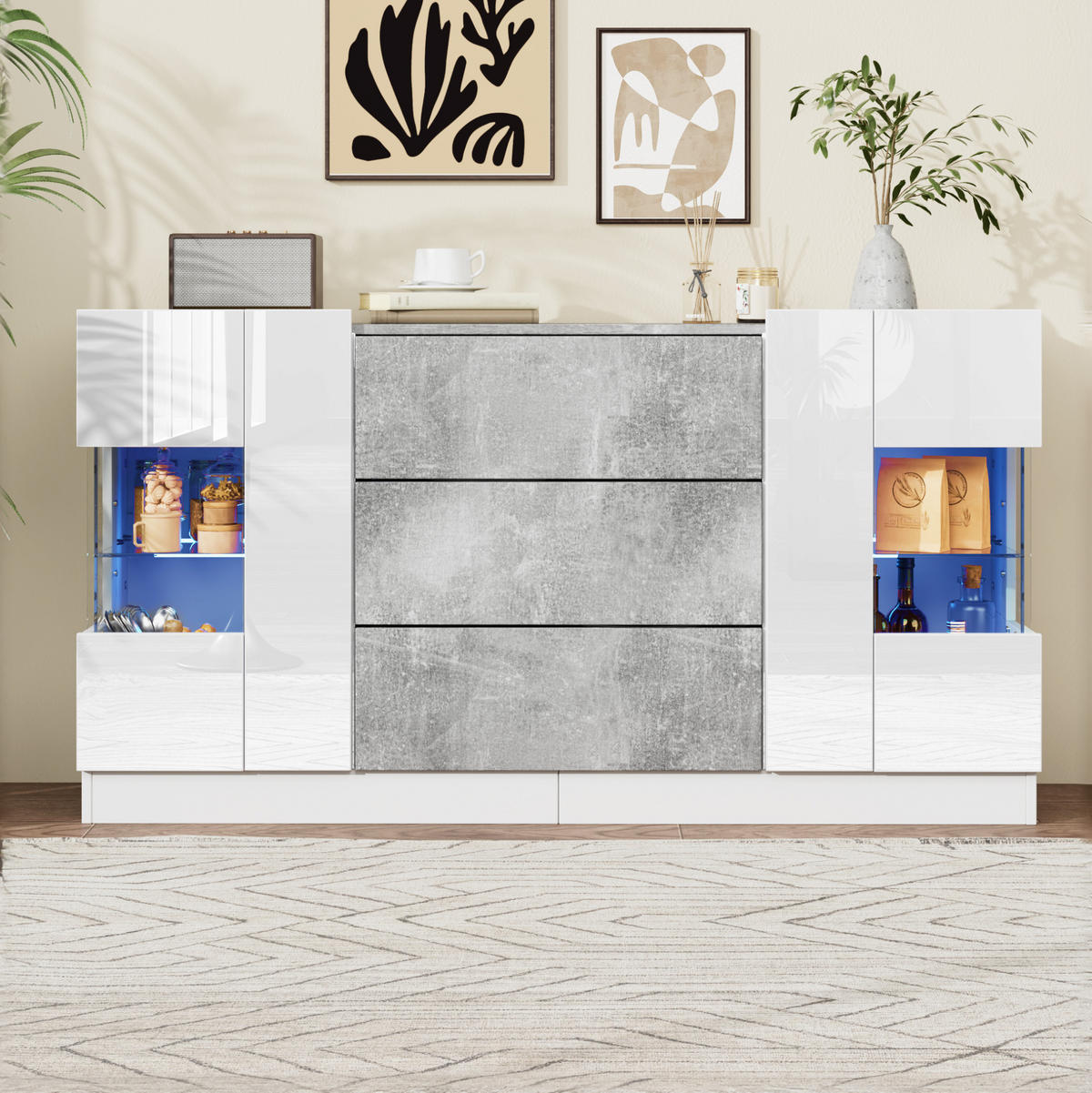 KOMMODE aus MDF, Glas & Spanplatte 140x35x75cm in Weiß mit LED - Weiß, Holzwerkstoff (140/75/35cm) - Modfu