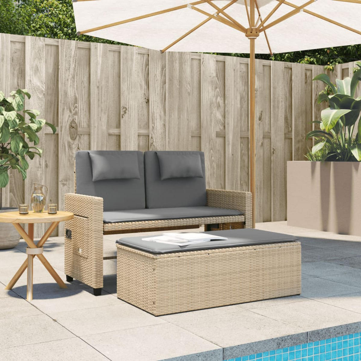 GARTENBANK Verstellbar mit Kissen Beige Poly Rattan - Beige, Kunststoff (122/83/58cm) - furnicato