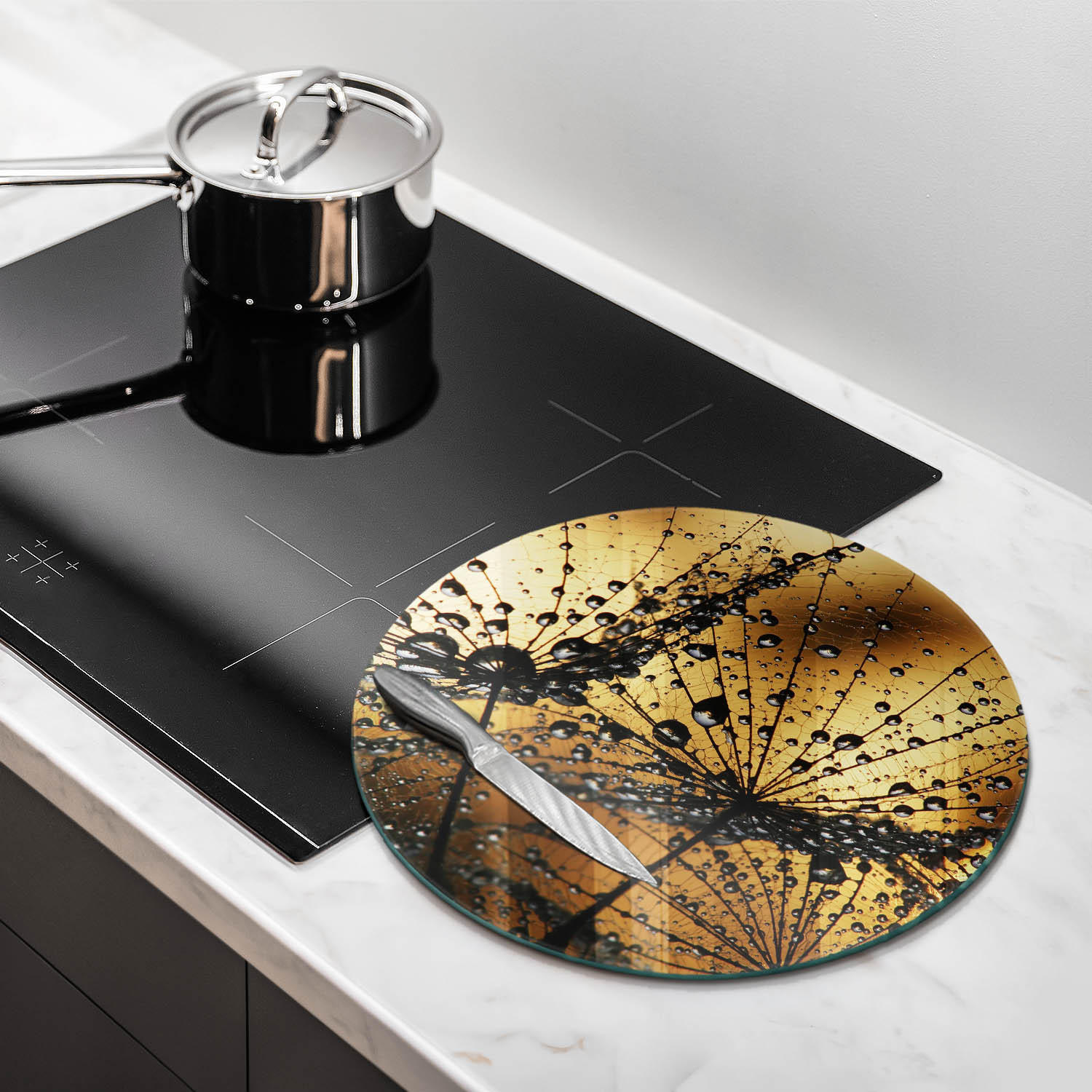 GLASPLATTE Ø 40 cm Rosa und Pusteblumen - Currygelb, Glas (40/40cm) - Wallfluent