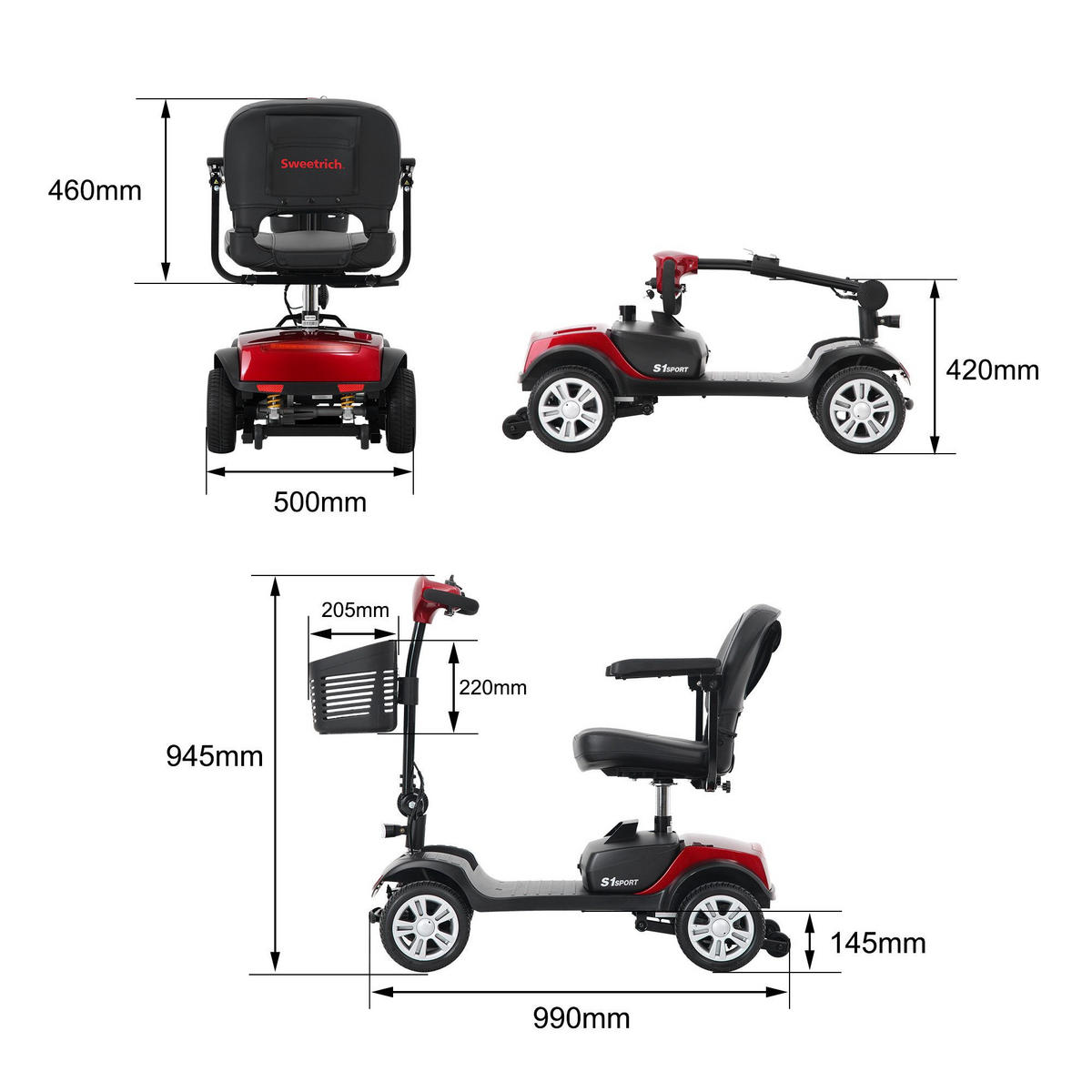 ELEKTROMOBIL 300W 25km Reichweite 360°Drehsitz 136kg Traglast Seniorenmobil - Rot, Metall (50/94.5/119cm)