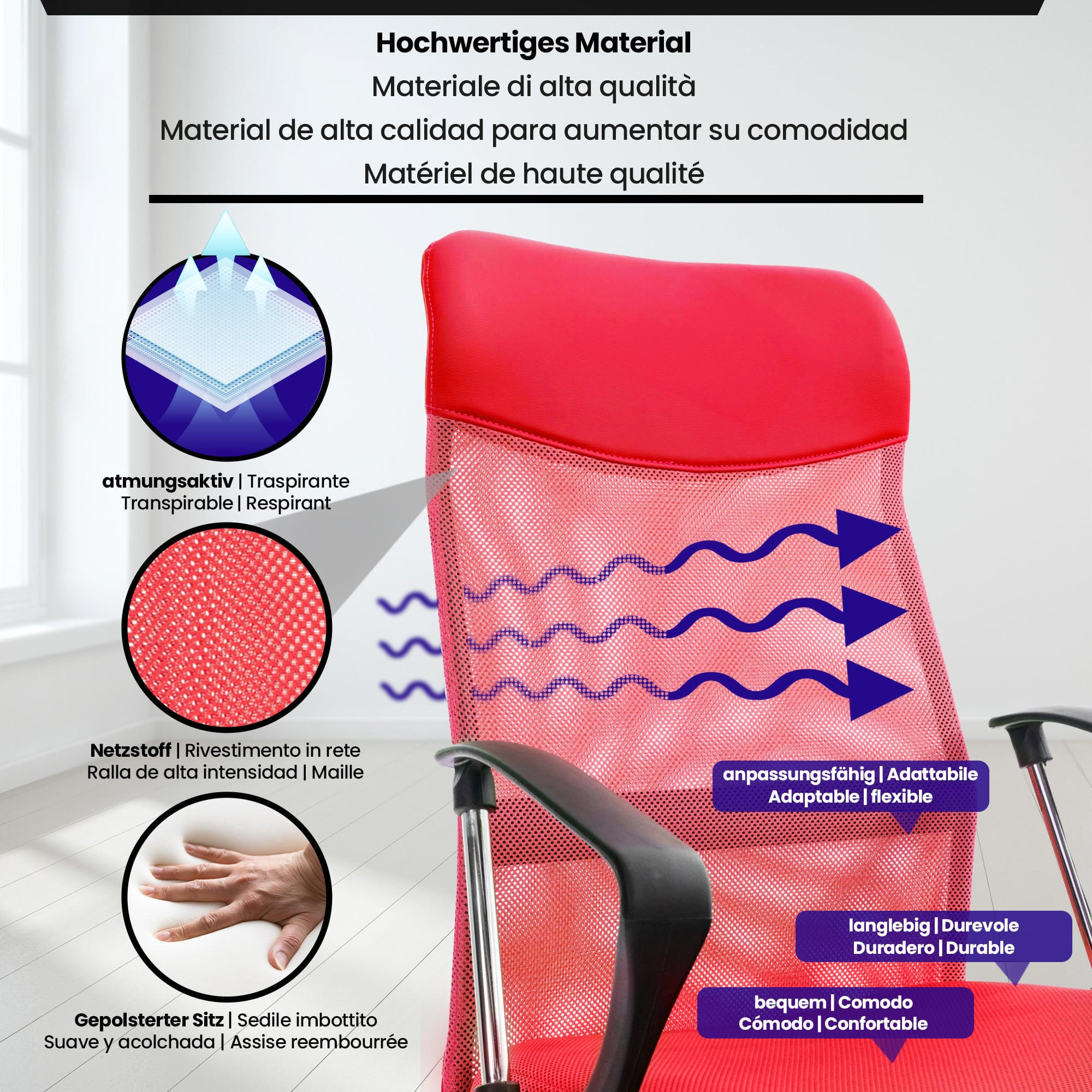 Thumbnail - CLP Drehstuhl, Rot, Textil, 60x110x53 cm, Arbeitszimmer, Bürostühle, Drehstühle