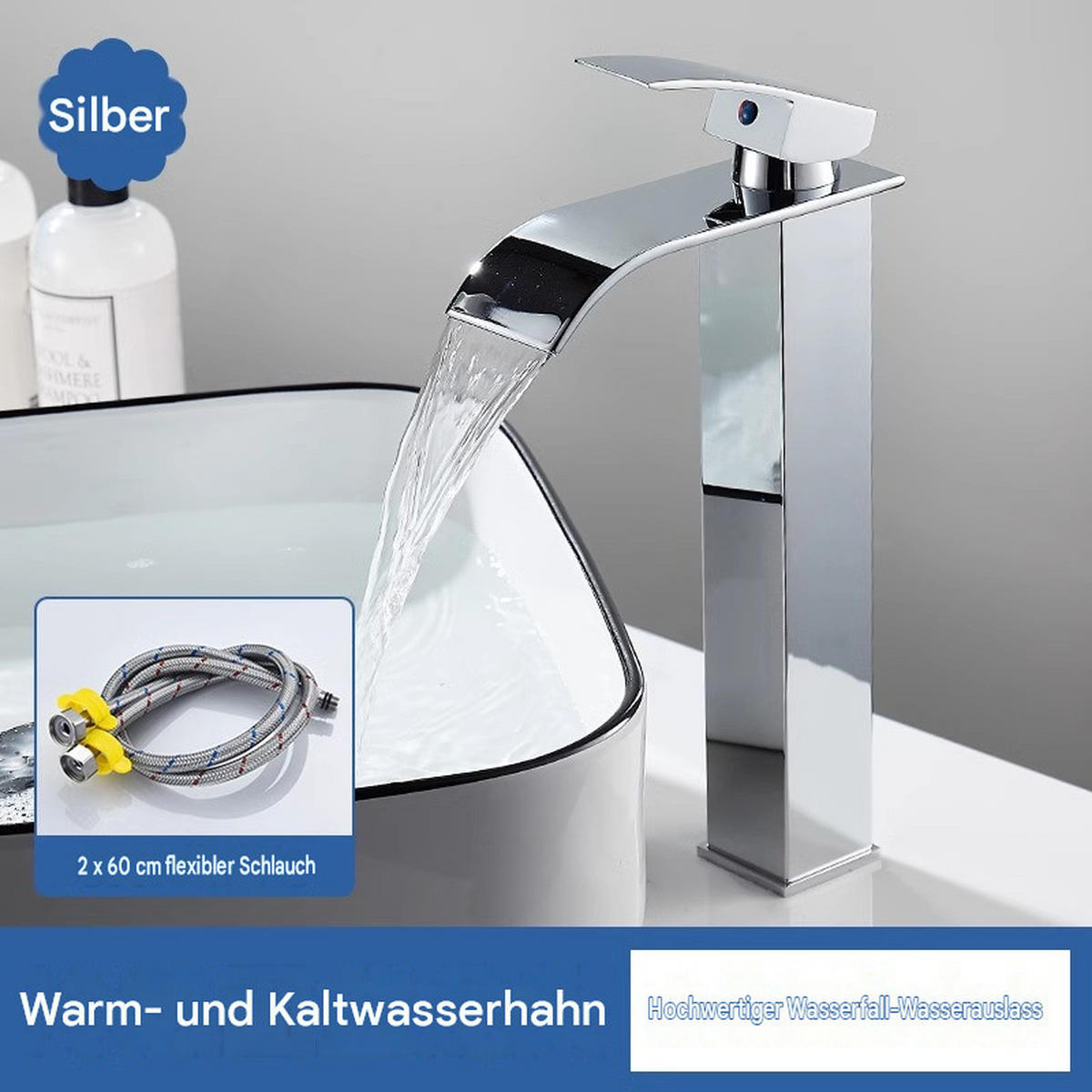 BADEZIMMERARMATUR， mit Schlauch, 27 x 21 x 4 cm, Kupferventileinsatz，Silberner - Silberfarben, Metall (27/4/21cm) - Vallsero
