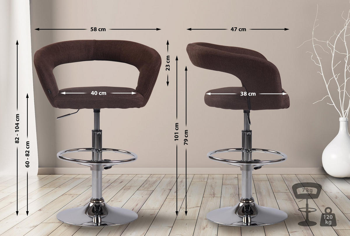 BARHOCKER Stoff braun - Chromfarben/Braun, Textil/Metall (58/82/47cm) - CLP