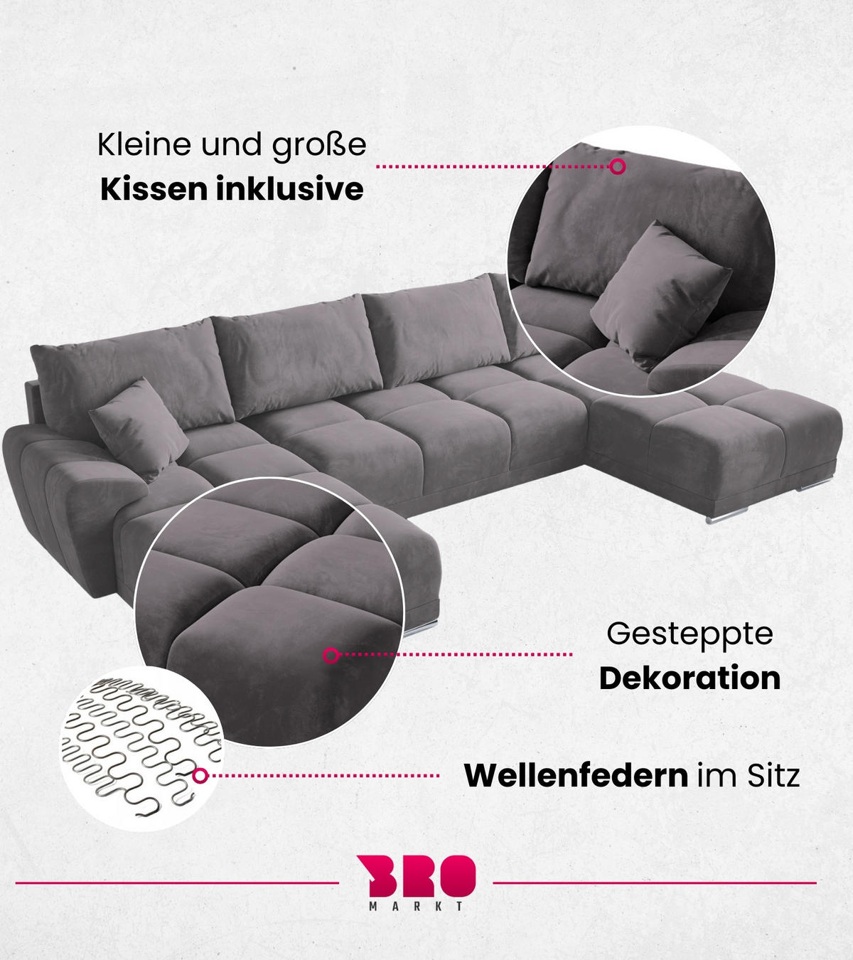 WOHNLANDSCHAFT Nubes mit Schlaffunktion Puderrosa Plüsch - Silberfarben/Rosa, Kunststoff/Textil (372/85/184cm) - Bromarkt