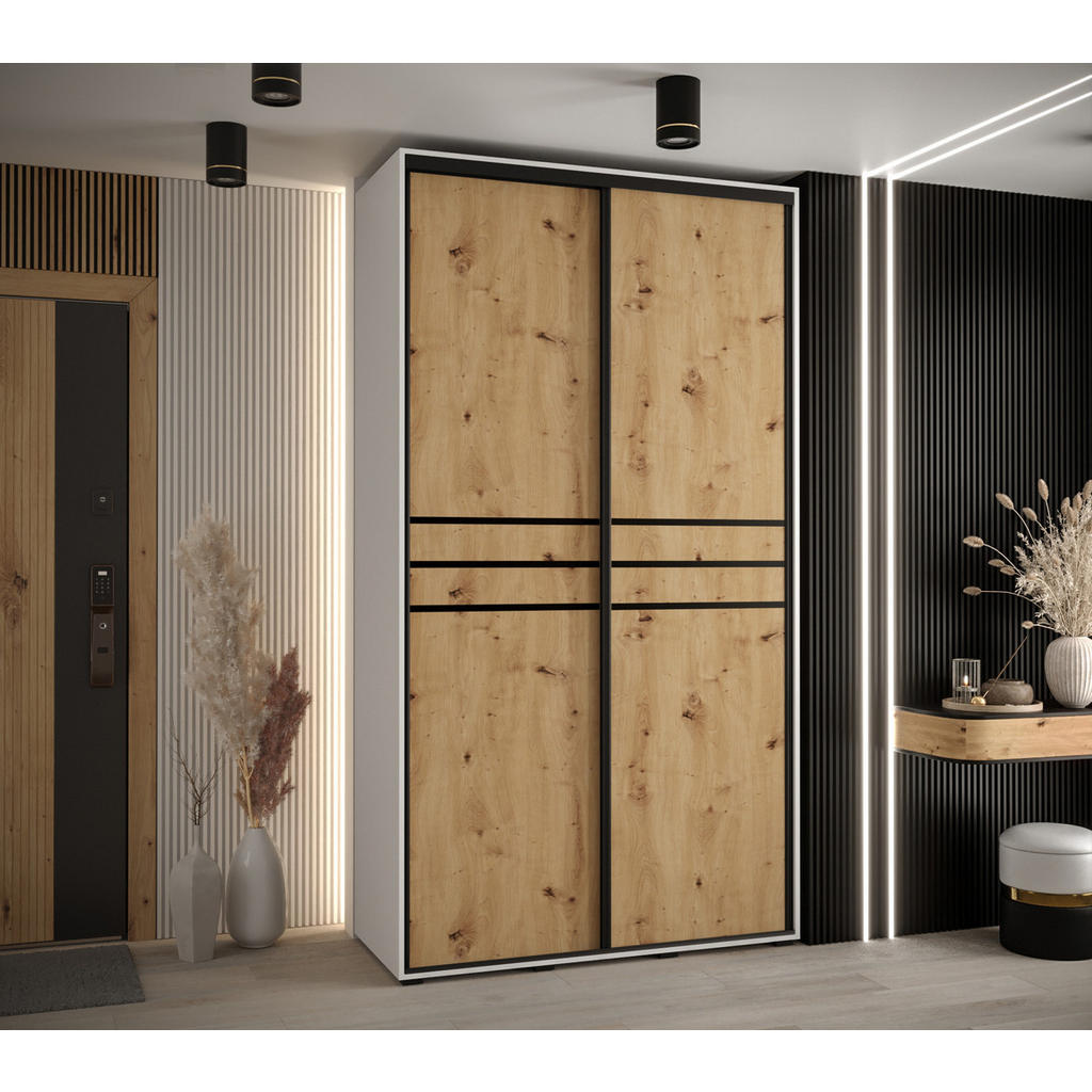 Thumbnail - Abiks Möbel Schwebetürenschrank, Weiß, Eiche Artisan, Schwarz, Metall, Nachbildung, 6 Fächer, 130x235x60 cm, Schlafzimme...