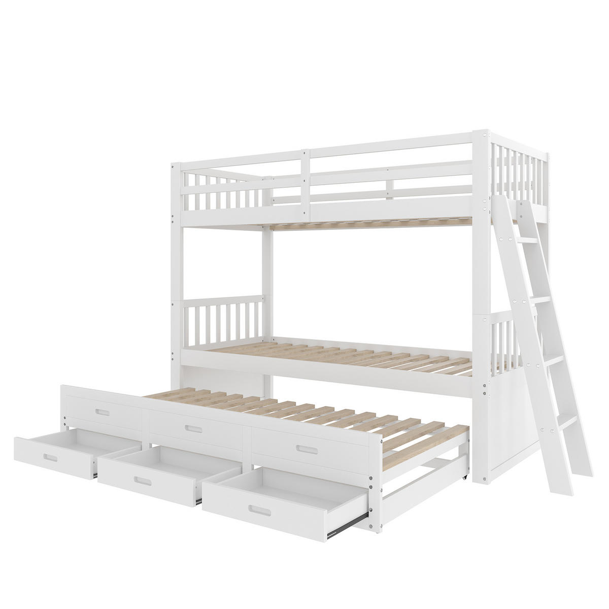 ETAGENBETT aus Kiefernholz & MDF 90x200 cm in Weiß mit Ausziehbett & 3 Schubladen - Weiß, Holz (90/200cm) - Modfu