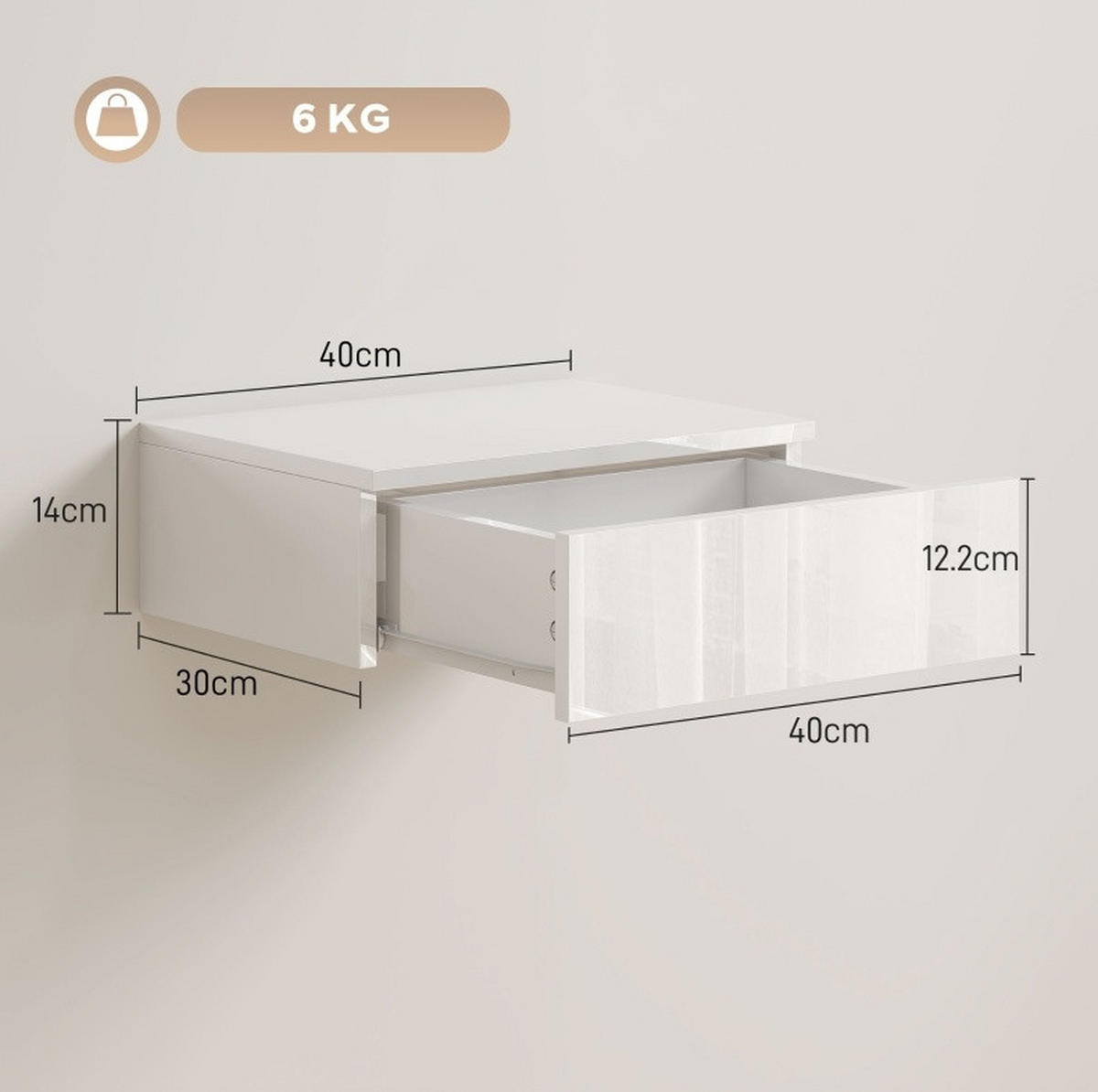 2ER-SET wandmontierte Nachttische aus Holz mit Schublade, 40/30/14 cm, Weiß (Hochglanz-Front) - Weiß, Holz (40/14/30cm) - Redom