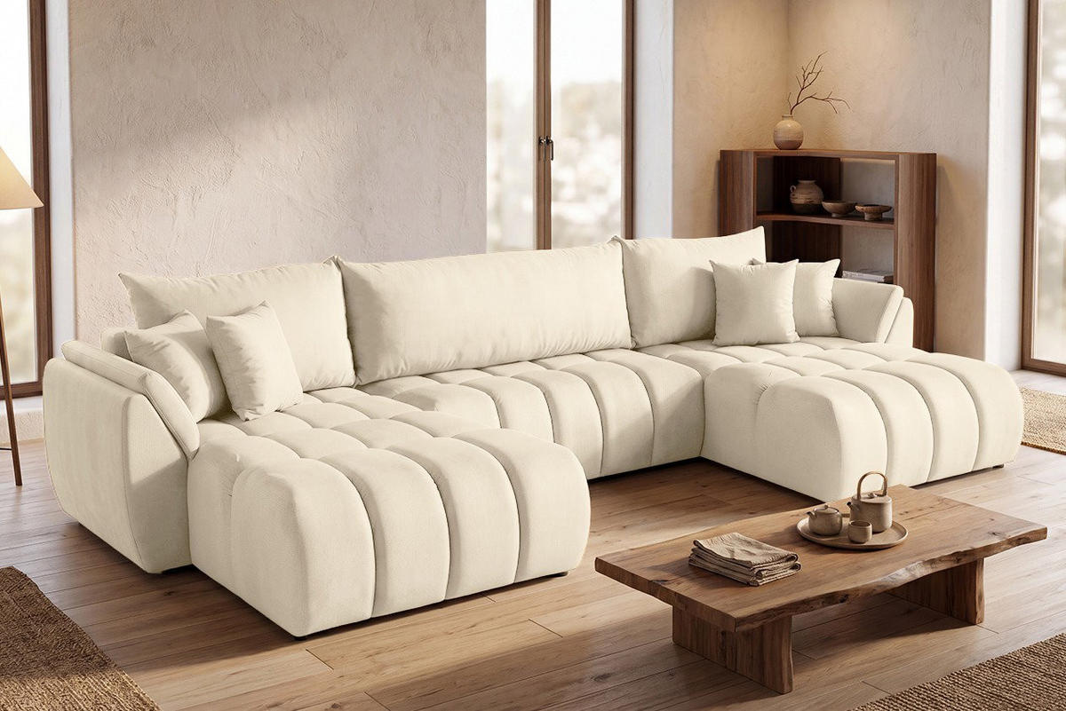 ECKSOFA Iris U mit Schlaffunktion und Bettkasten, U-Form – Beige Samt 382/184/85 cm - Ecru/Beige, Kunststoff/Textil (382/184cm) - WFL GROUP