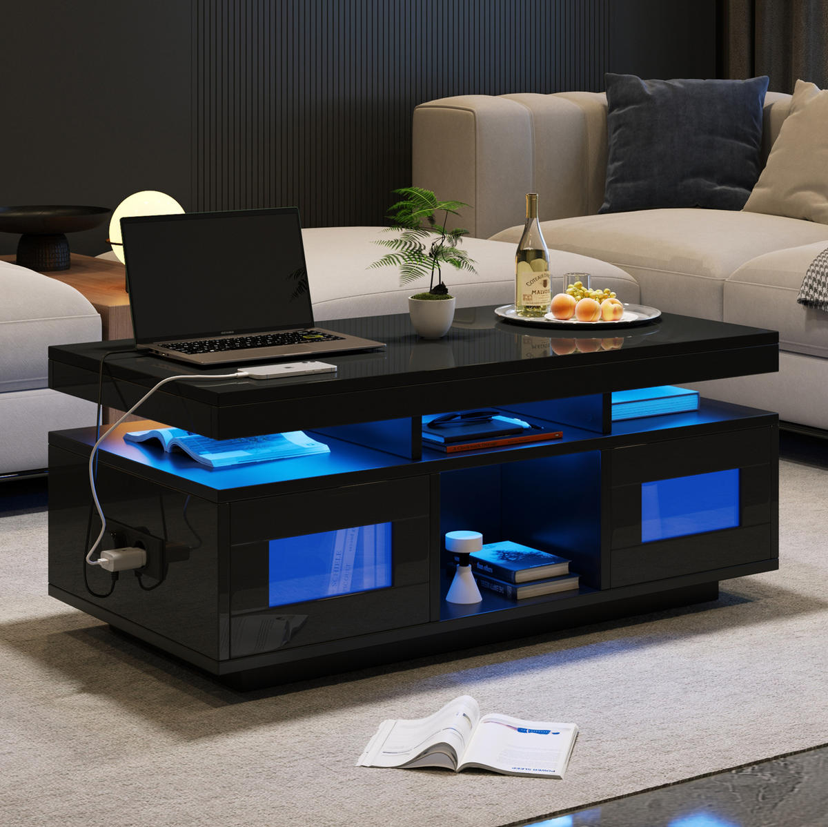COUCHTISCH 100/50/43 cm in Schwarz Hochglanz mit LED-Beleuchtung und Ladefunktion - Schwarz, Holzwerkstoff (100/50/43cm) - Flora Grace