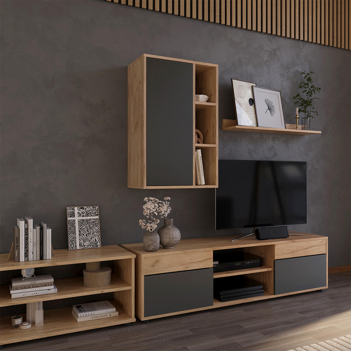 STĚNOVÁ POLICE Berno Zlatý dub power/antracit - medově dubová/antracitová, kompozitní dřevo (50.1/78.4/28.3cm) - Vicco