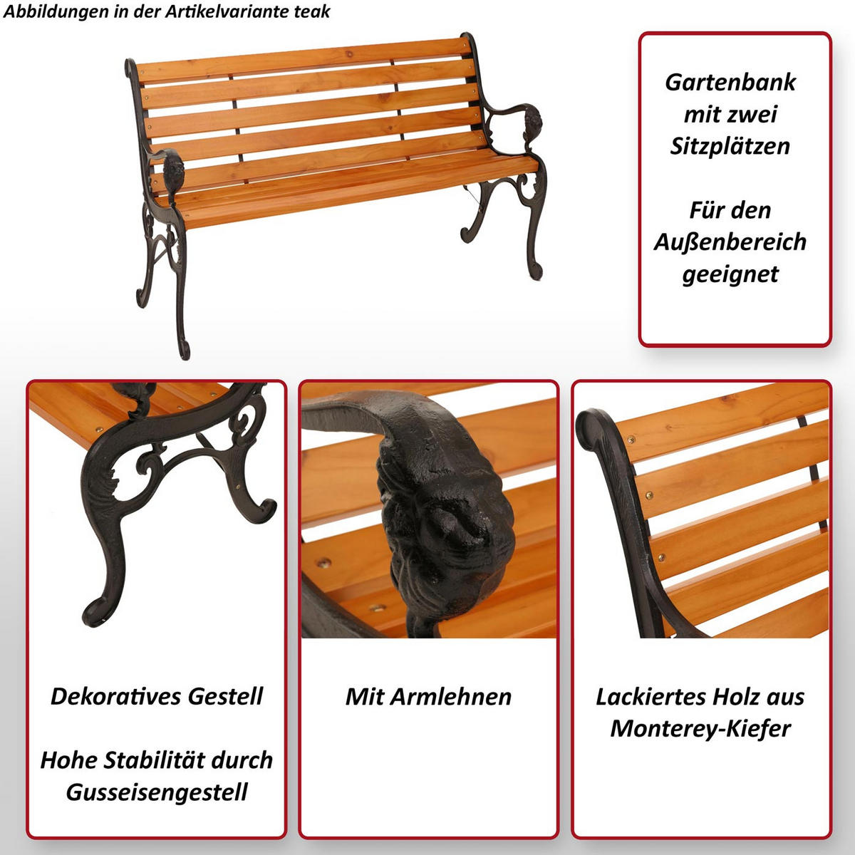 GARTENBANK Schwarz, Teak Dekor - Schwarz/Teakfarben, Holz (132/80/35cm) - MCW