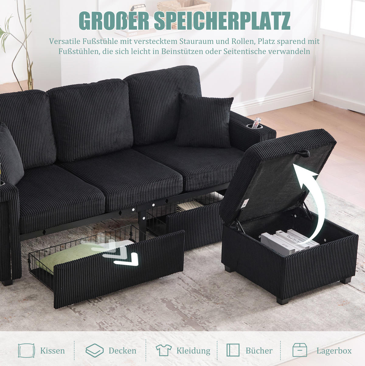 ECKSOFA Corduroy mit LED und USB-Anschluss Stauraum-Schubladen 194/73/81 cm Schwarz - Schwarz, Textil (73/194cm) - Redom