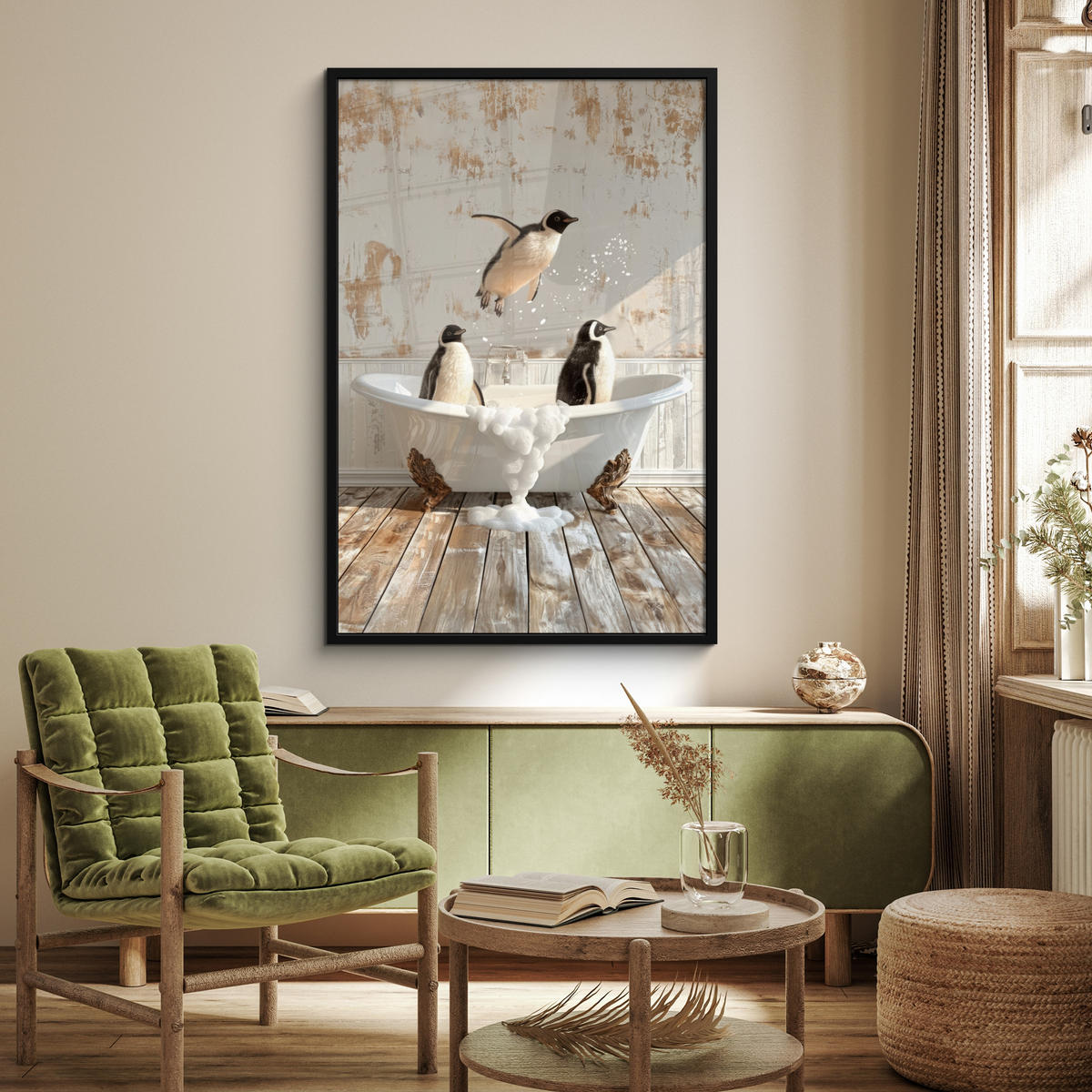 GERAHMTES BILD Vintage - Pinguin - Badewanne - Schaumstoff 80x120 cm - Schwarz, Papier (80/120cm) - MuchoWow