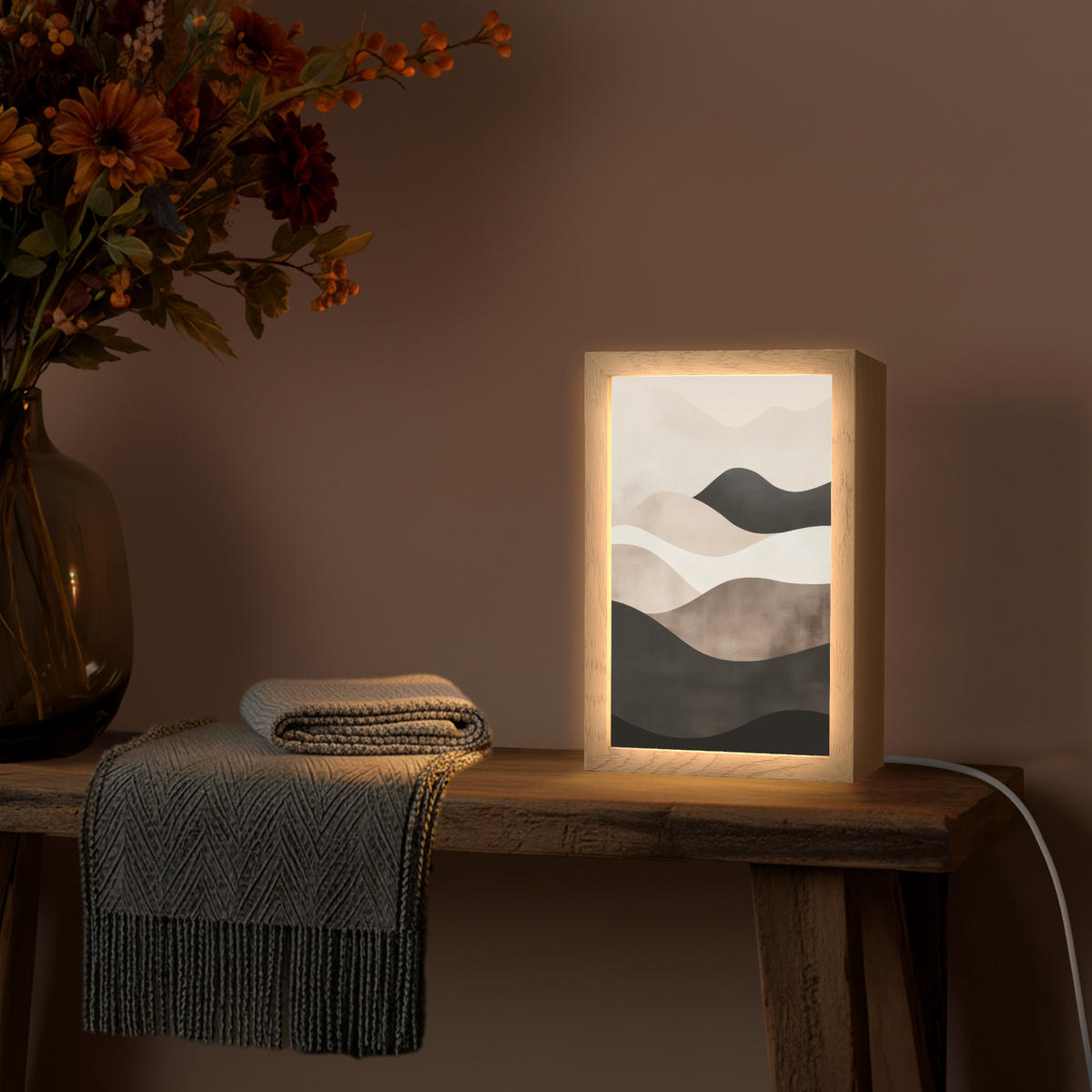 NÁSTĚNNÁ LAMPA Abstraktní - Krajina - Vlny - Krémová barva 20x30 cm - šedohnědá, kompozitní dřevo (20/30/8cm) - OnlyWow