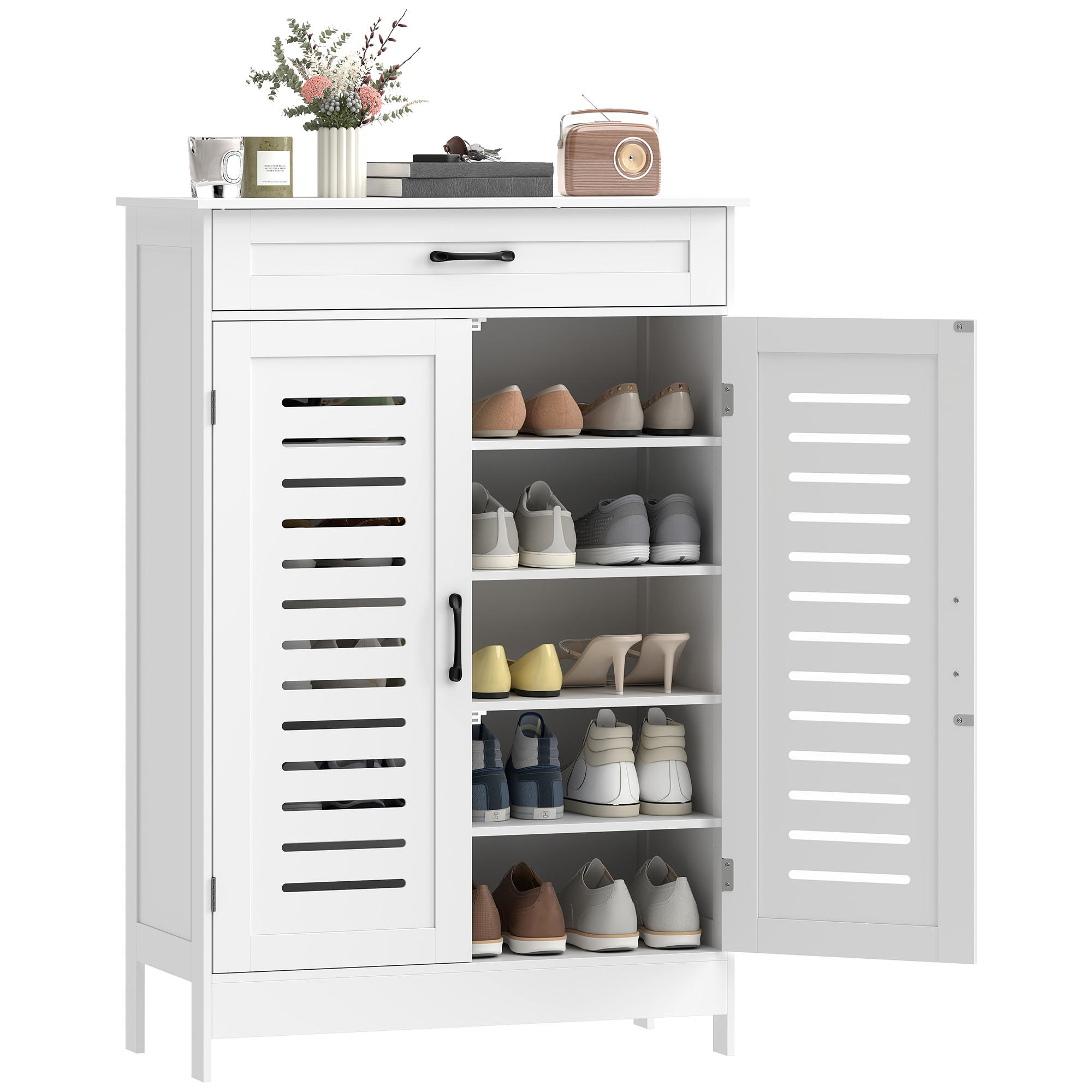 SCHUHSCHRANK Weiß MDF mit Türen und Schublade 1 Stück - Weiß, Holzwerkstoff (78/115.8/37cm) - PANGIVO