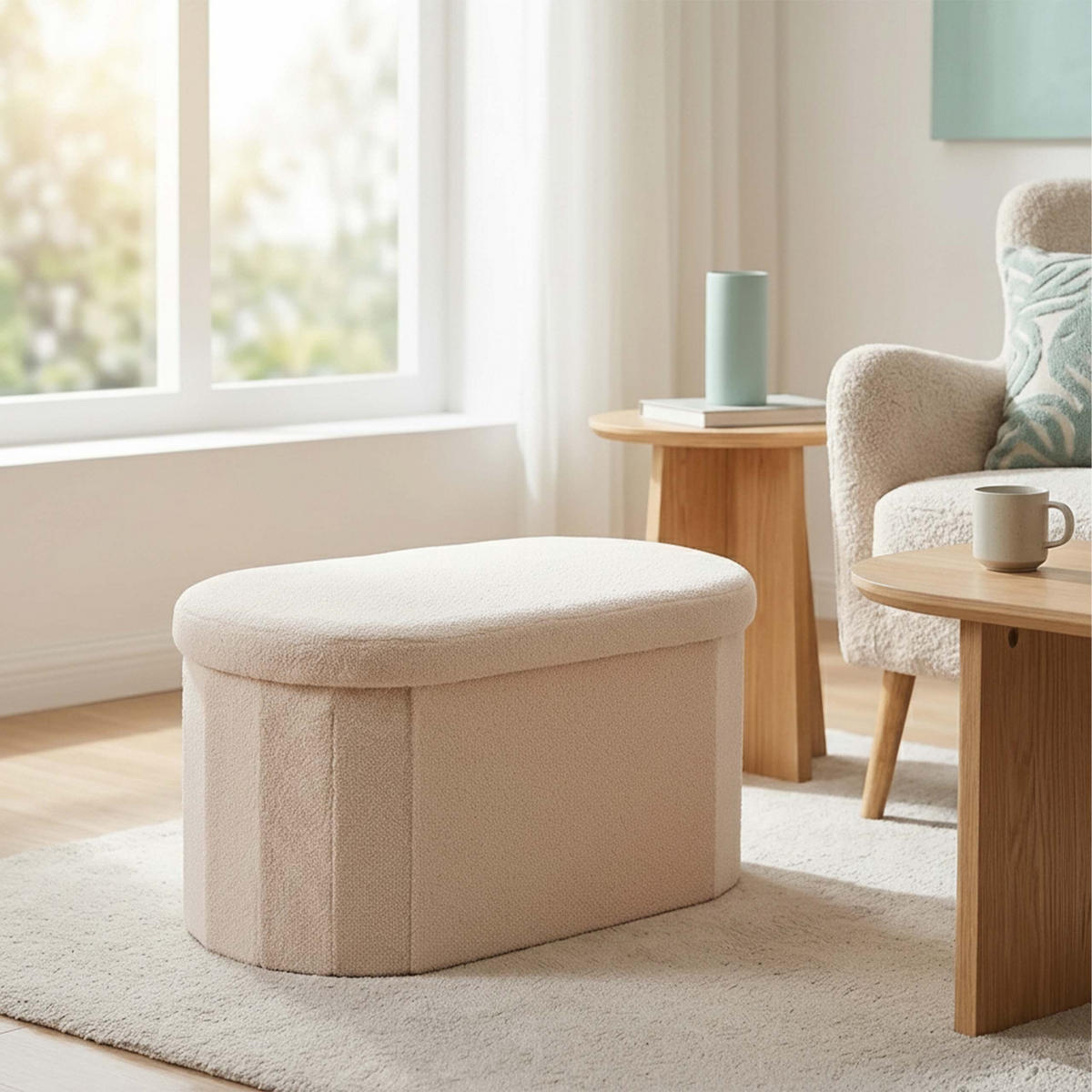 LAVICE Béžová s úložným prostorem teddy čalounění 76 cm - béžová, kompozitní dřevo/textil (76/38/38cm) - Relaxdays