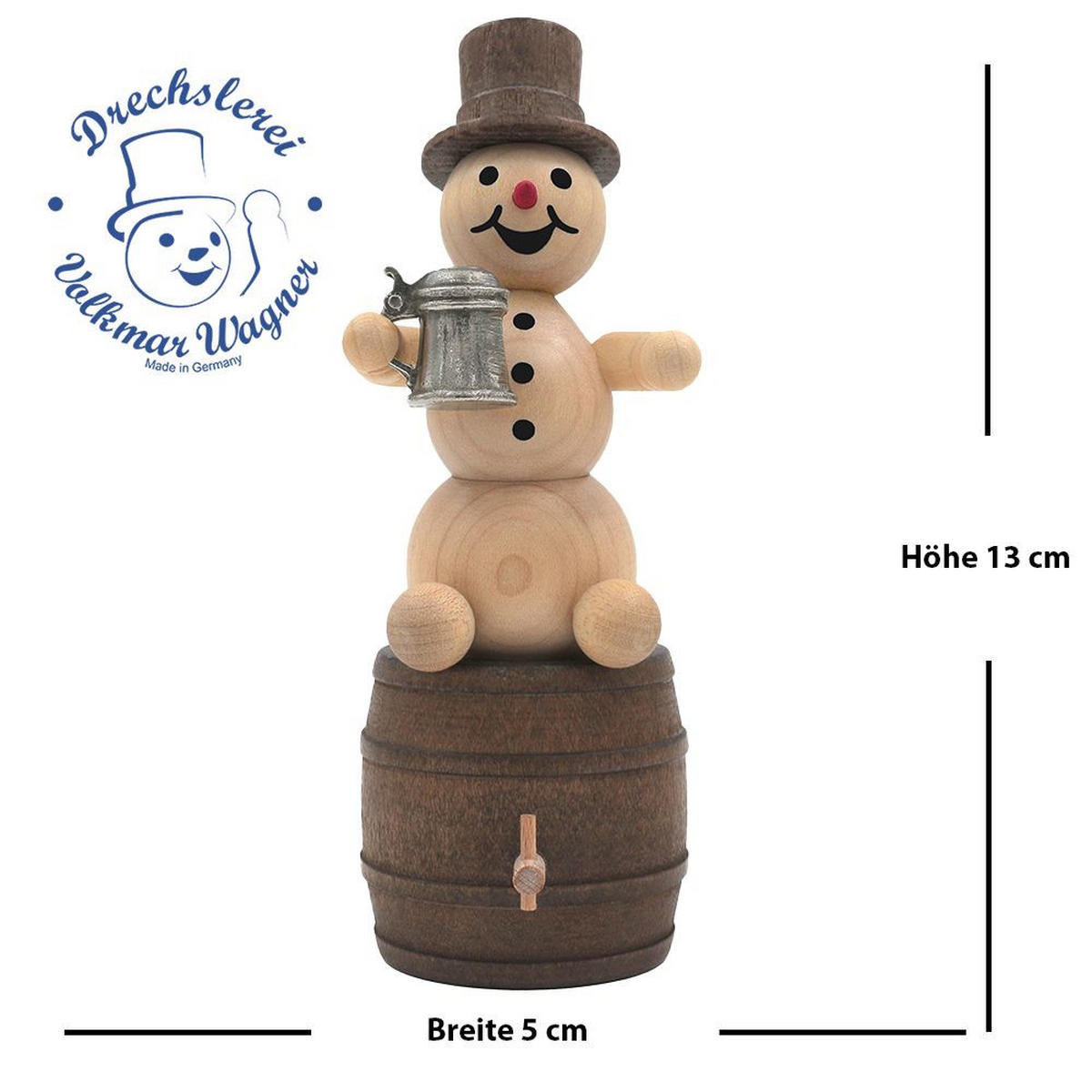 HOLZFIGUR Schneemann mit Krug auf Bierfass 13 cm - Multicolor, Holz (5/13/0.1cm)