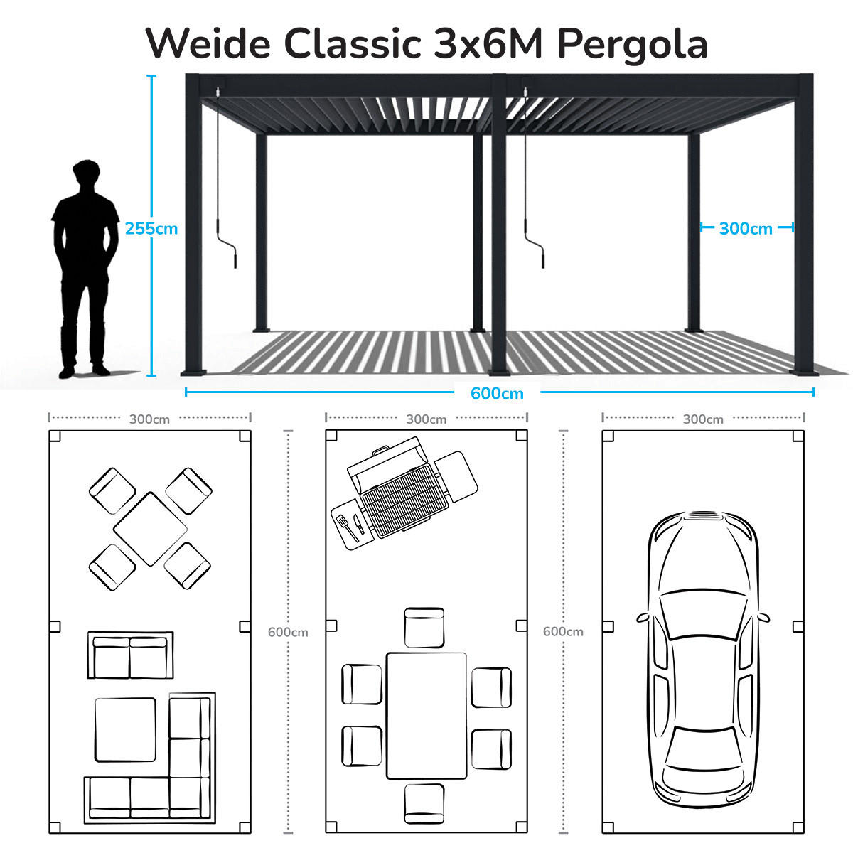 PERGOLA Classic Aluminium freistehend 3 x 6 M anthrazit - Anthrazit, Metall (300/255/600cm) - WEIDE