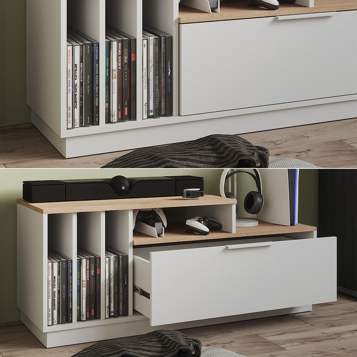 LOWBOARD Betti Weiß/Sonoma 120 x 49.9 cm mit 1 Tür - Weiß/Sonoma Eiche, Holzwerkstoff (120/49.9/40cm) - Vicco