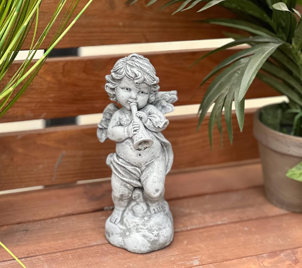 STEINFIGUR Engel mit Trompete Steinguss, frostfest - Grau, Stein (8/19/7cm) - stoneandstyle