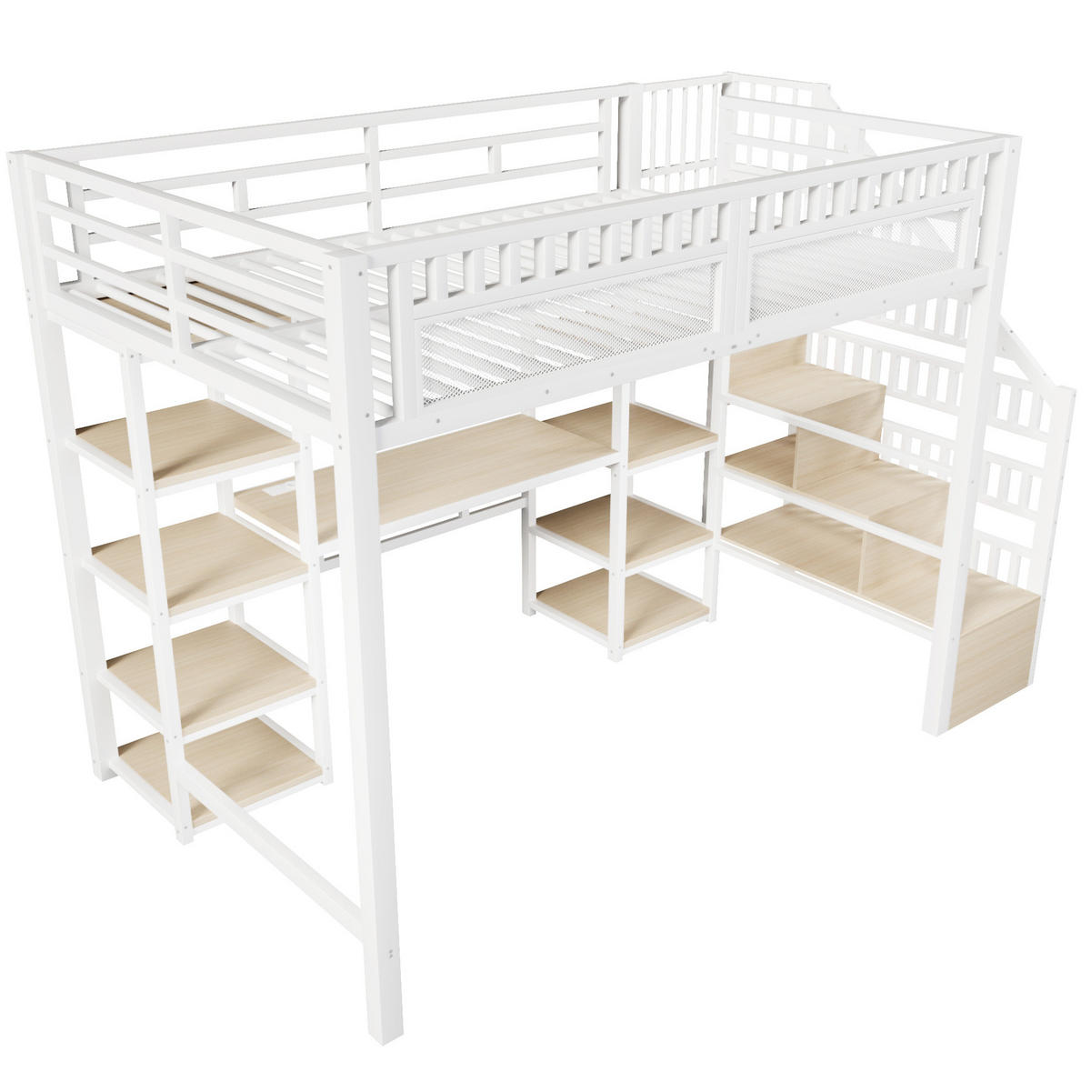 HOCHBETT 140/200 cm in Weiß mit Schreibtisch, LED-Beleuchtung und Stauraumleiter - Weiß, Metall (140/200cm) - Flora Grace
