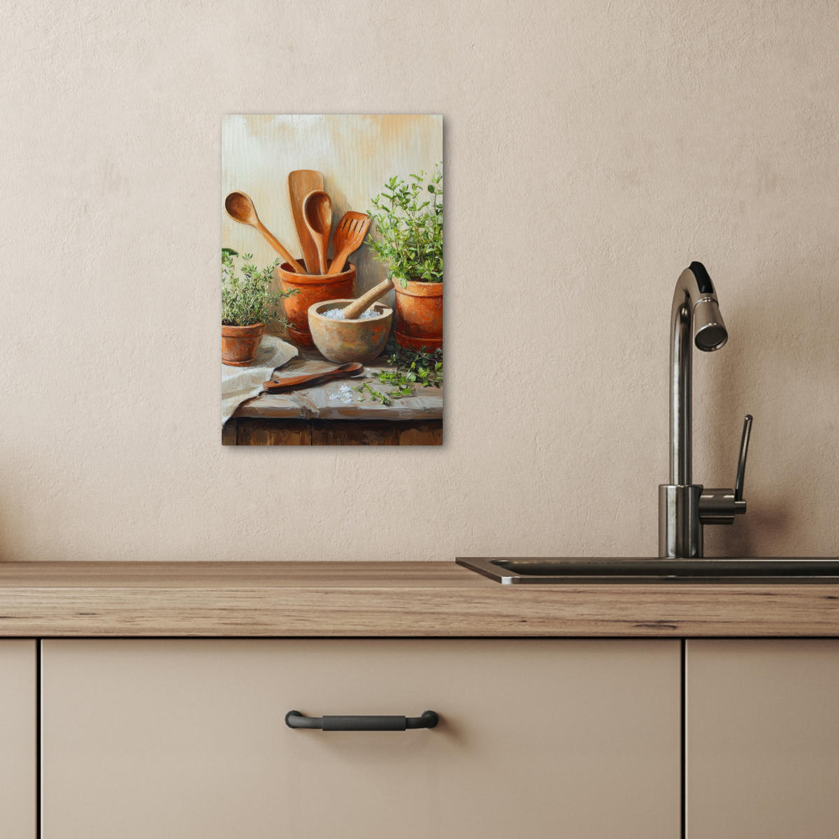 LEINWANDBILD Töpfe - Kräuter - Holz 20x30 cm - Terracotta, Textil (20/30cm) - MuchoWow