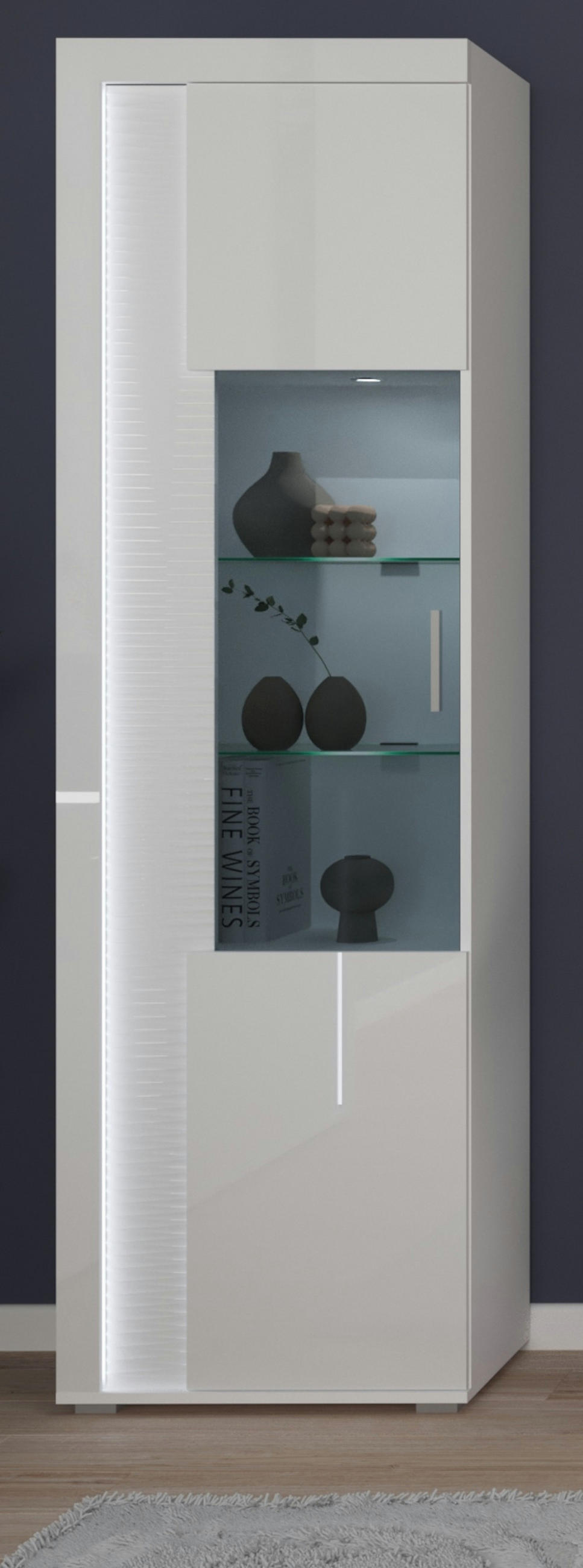 VITRINE weiß Hochglanz 60 x 200 cm, Soft-Close-Funktion, inkl. Beleuchtung - Weiß Hochglanz/Silberfarben, Glas/Holzwerkstoff (60/202/37cm) - Inn.Furn