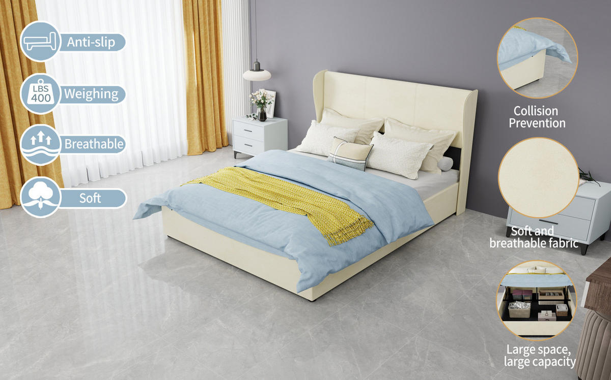 POLSTERBETT 140/200 cm mit stabiler Konstruktion und Gasdruckfedern, Beige - Beige, Textil (140/200cm) - Redom