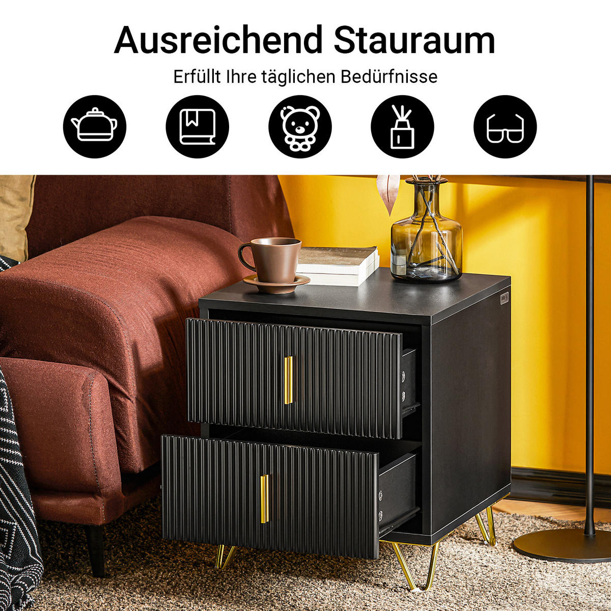 NACHTTISCH mit 2 Schubladen, Schwarz, 40x47x40cm - Schwarz, Holzwerkstoff/Metall (40/47/40cm) - SoBuy