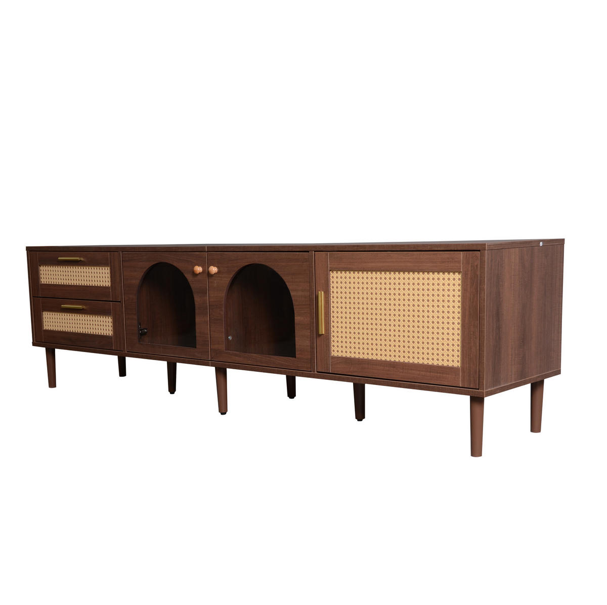 TV-LOWBOARD aus Spanplatte 180x40x50 cm Braun mit LED-Beleuchtung, Rattanschubladen und Glastüren - Braun, Holzwerkstoff (180/50/40cm) - IVMEU