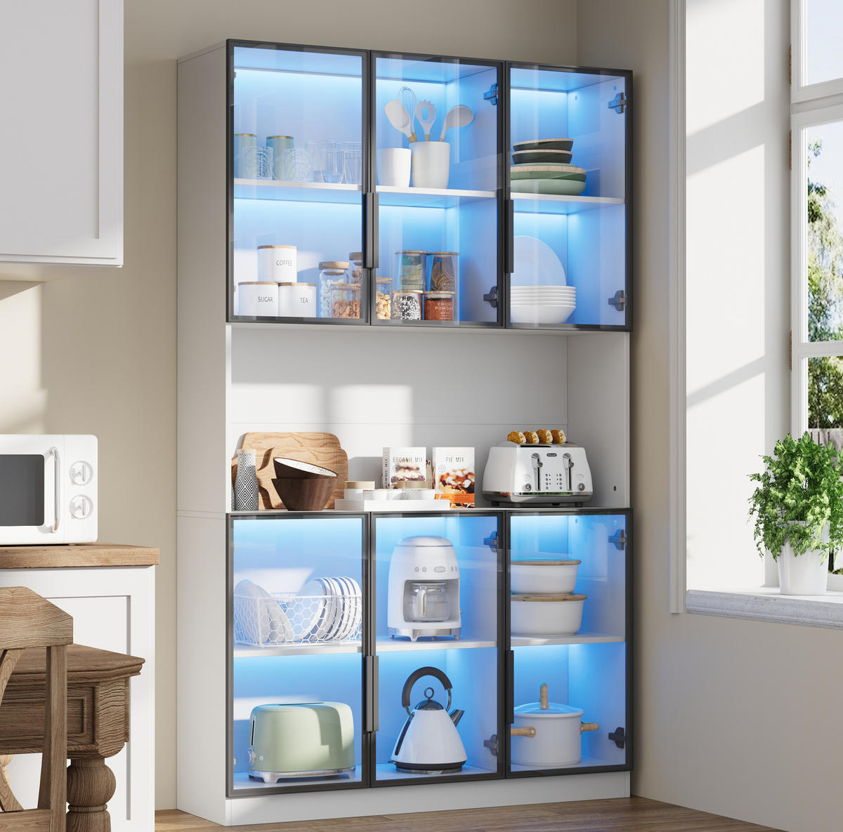 VITRINE 120/34/200 cm aus MDF und Glas mit 6 Türen, LED-Beleuchtung und Soft-Close, Weiß - Weiß, Holzwerkstoff (120/200/34cm) - Redom
