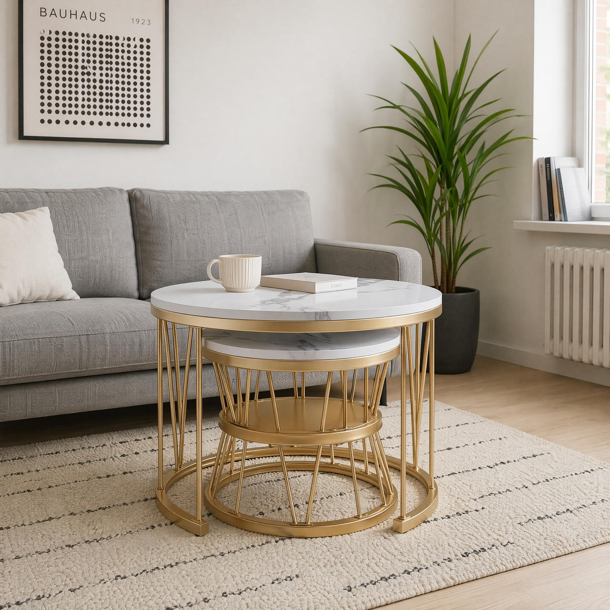 COUCHTISCH rund marmoroptik weiß v goldgestell elegant - Multicolor, Metall (70/70/45cm) - SHOPENTRA